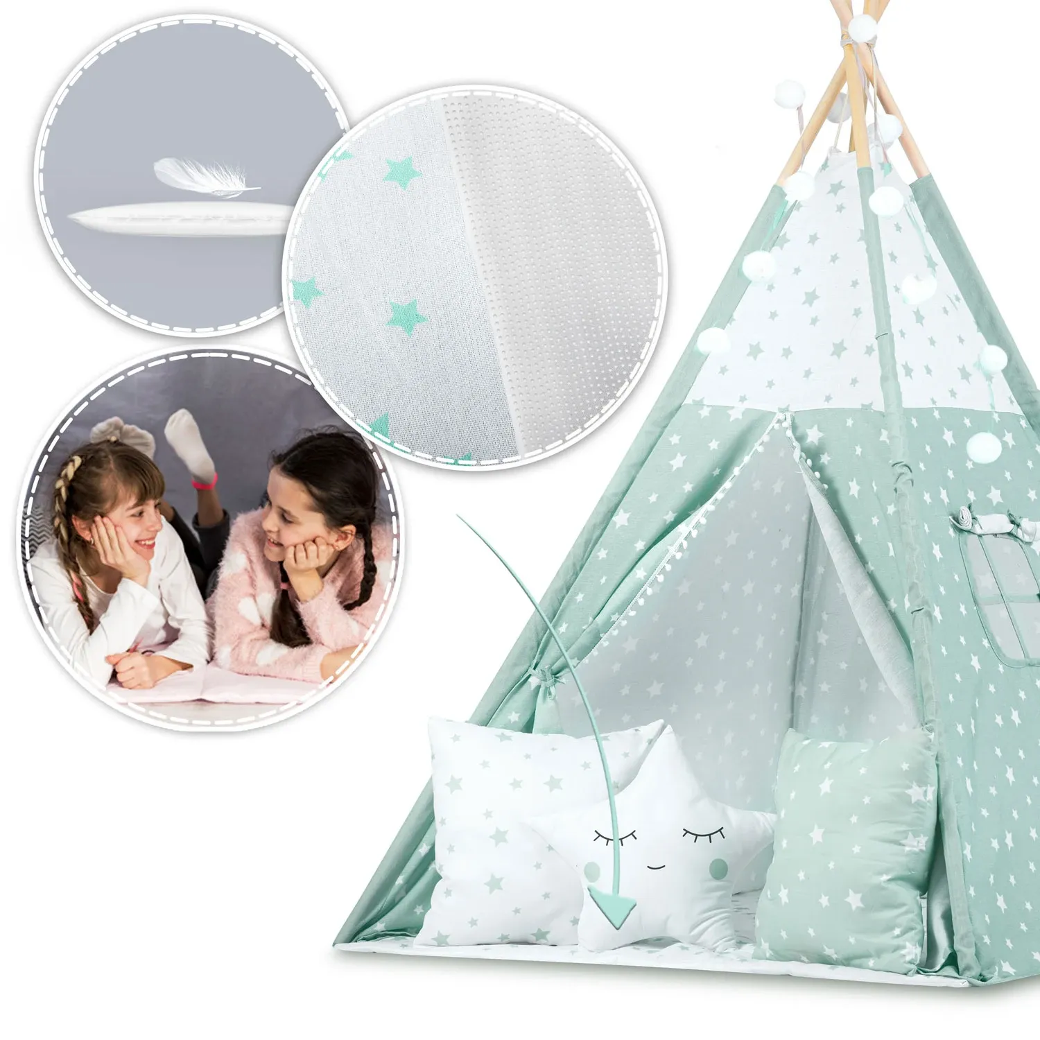 Vaikiška tipi palapinė su lemputėmis - mėtinė su žvaigždutėmis - nuotrauka 1