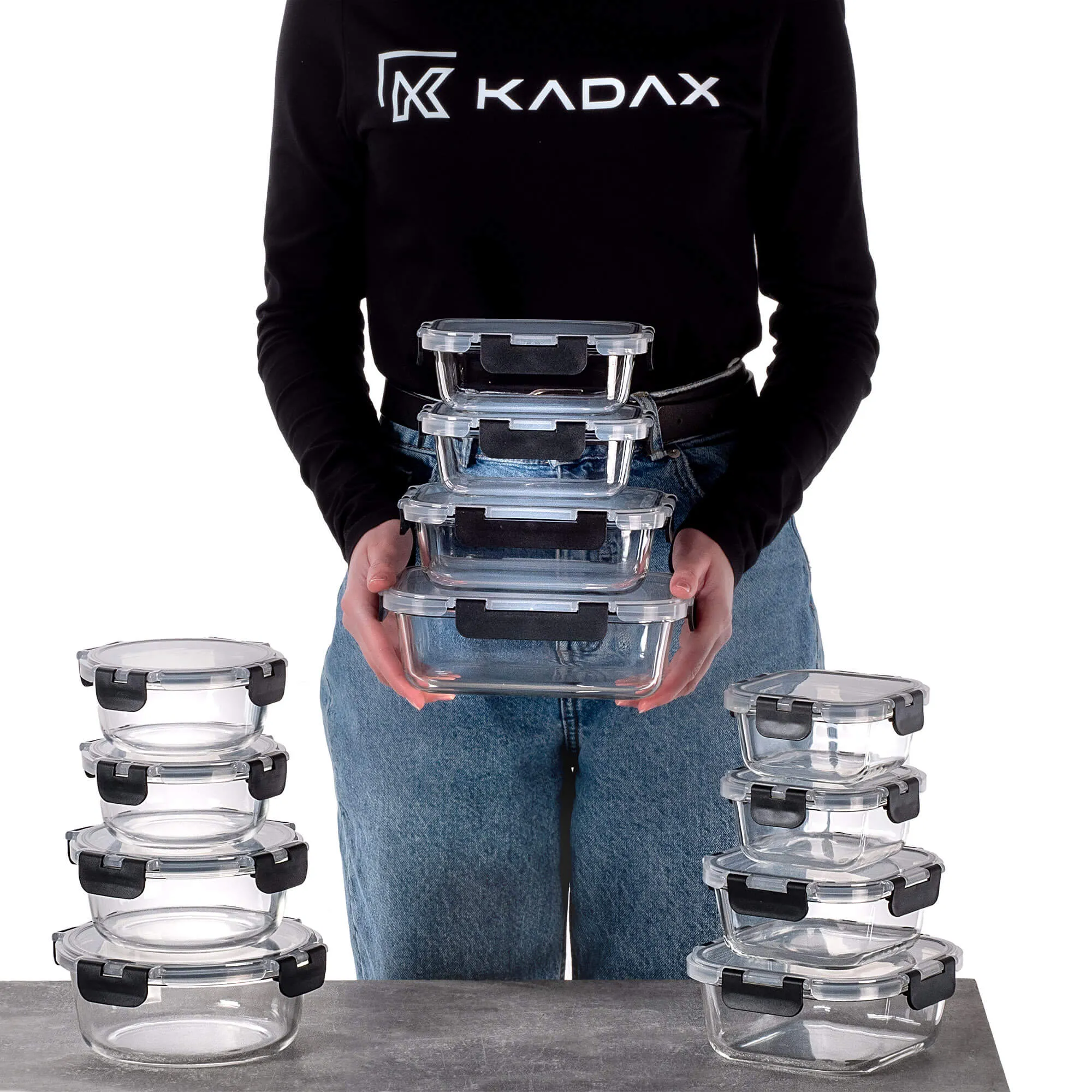 12 juodų Termoli stiklinių indelių su dangteliais rinkinys