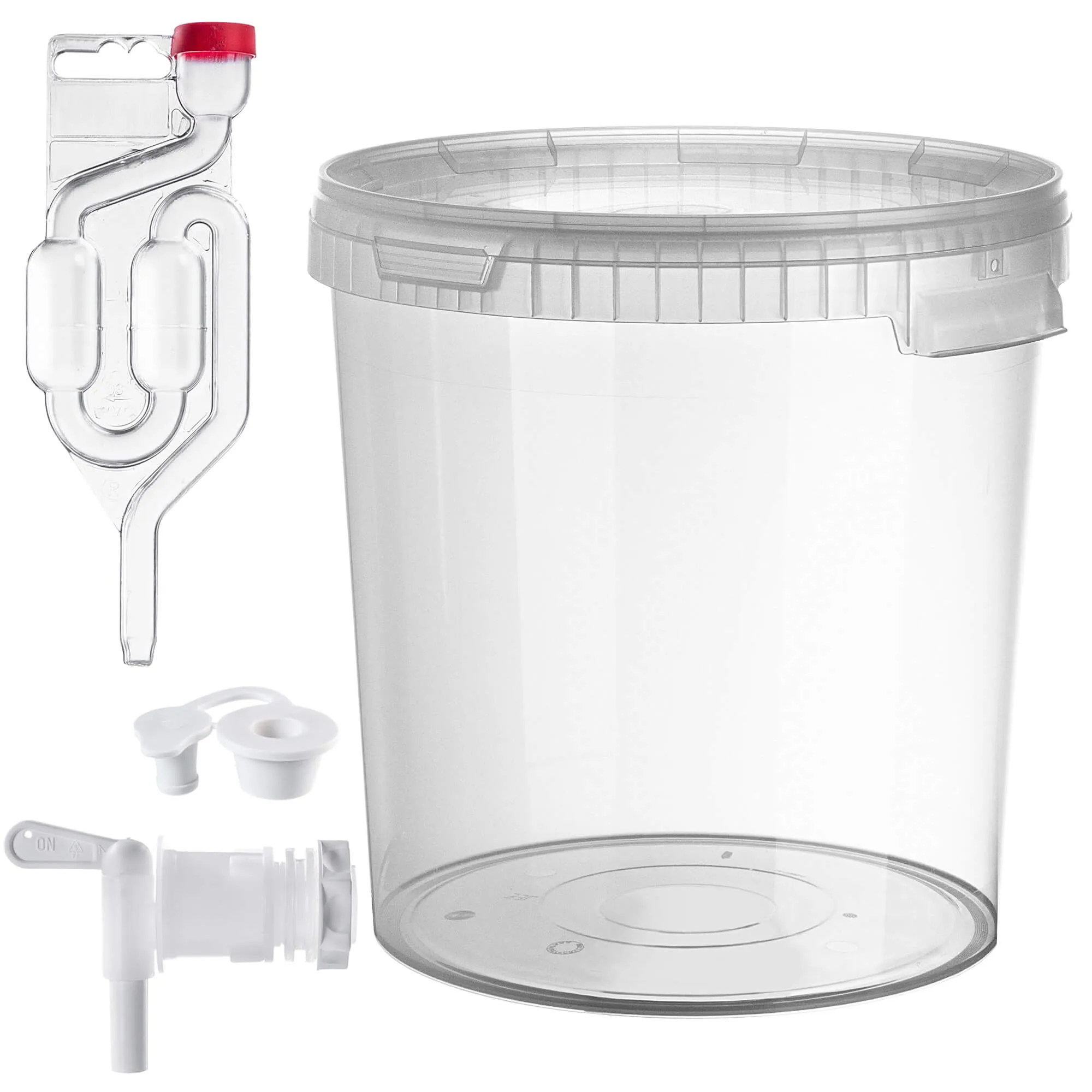 Acerra fermentacijos indas su dangčiu 33L permatomas + čiaupas + kamštis + fermentacijos šliuzas