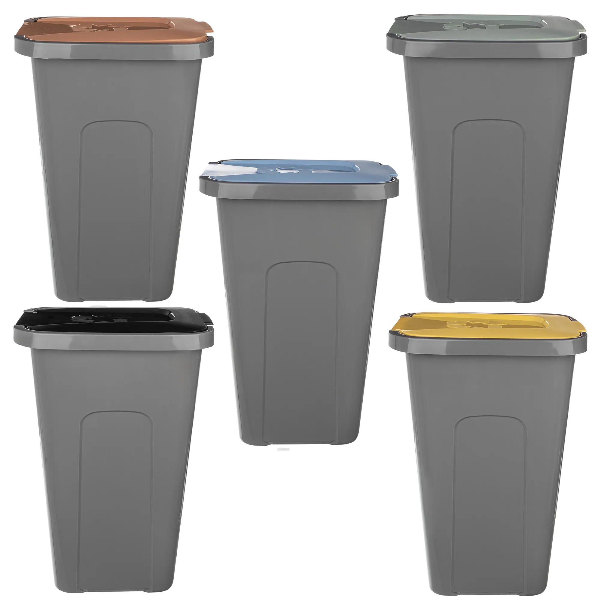 30 litrų šiukšliadėžių rinkinys geltonos, žalios, rudos, mėlynos, juodos spalvos