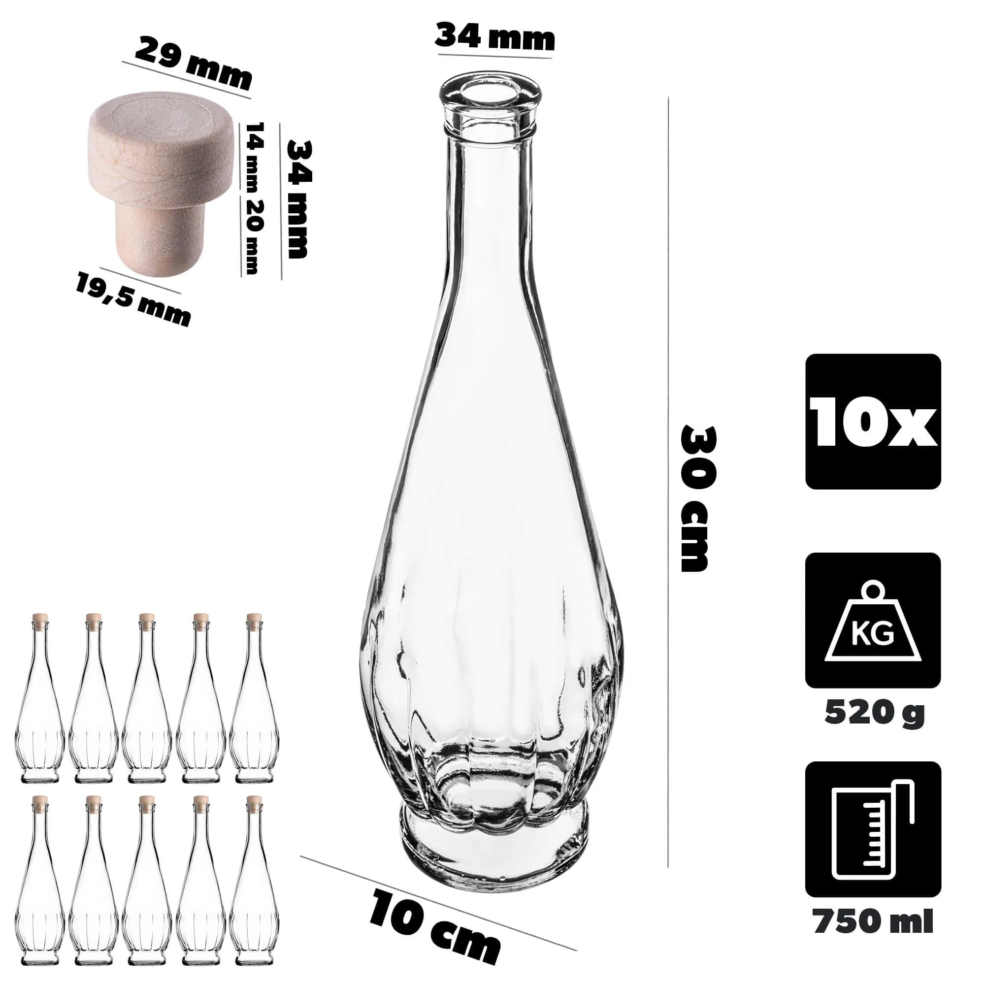 „Cona“ stiklinis tinktūros buteliukas 750 ml su sintetiniu kamščiu, 10 vnt.