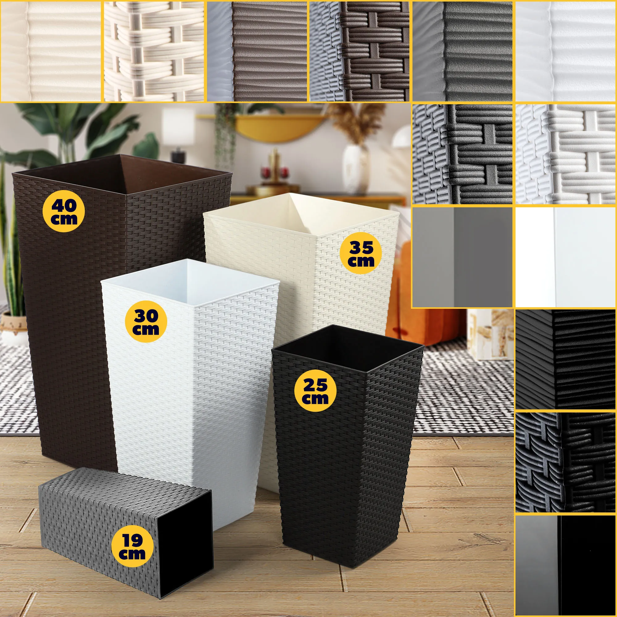 Pesaro rotango gėlių vazonai su įdėklu 19 cm + 25 cm + 30 cm