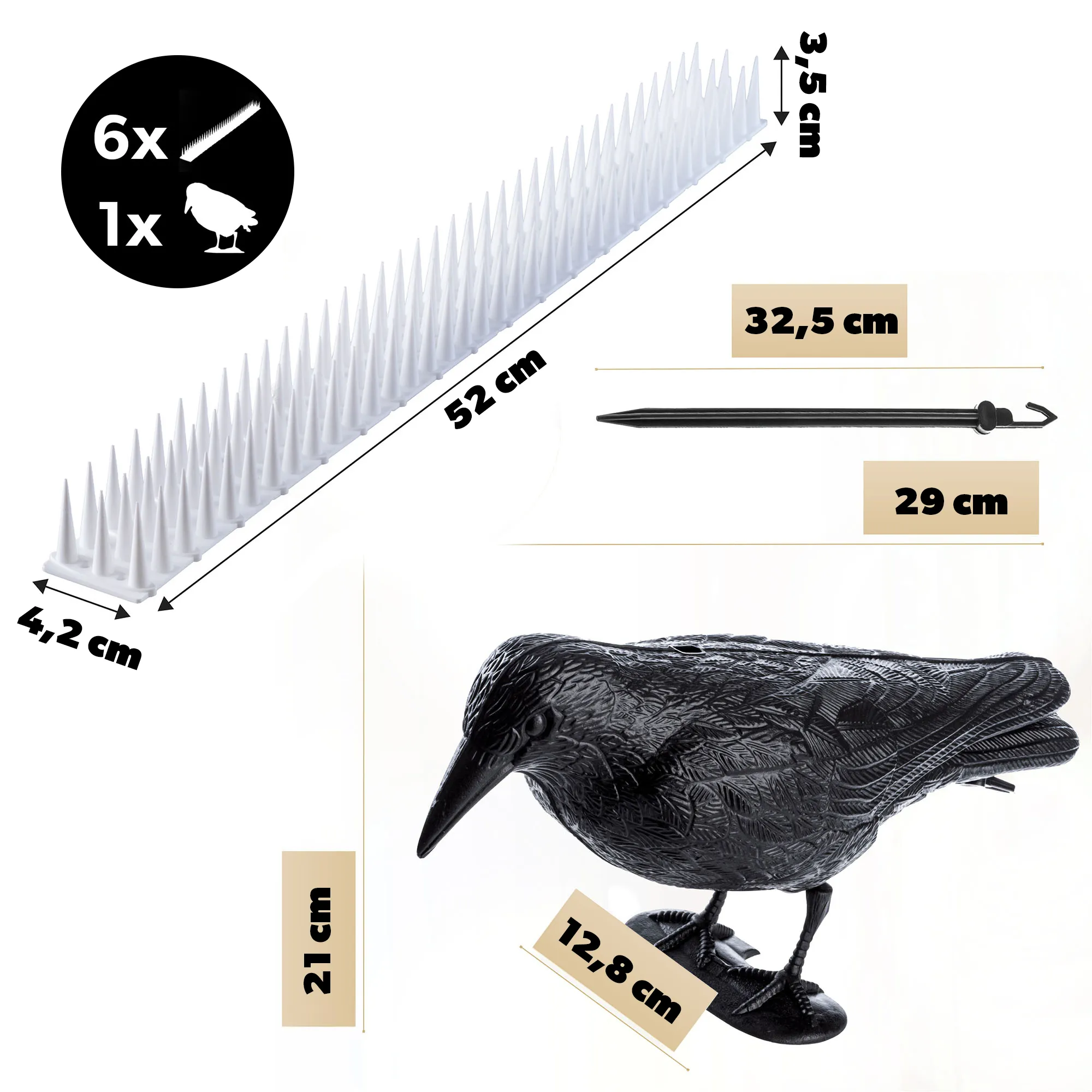 Plastikiniai paukščių spygliai 6 vnt., balti + varnos formos