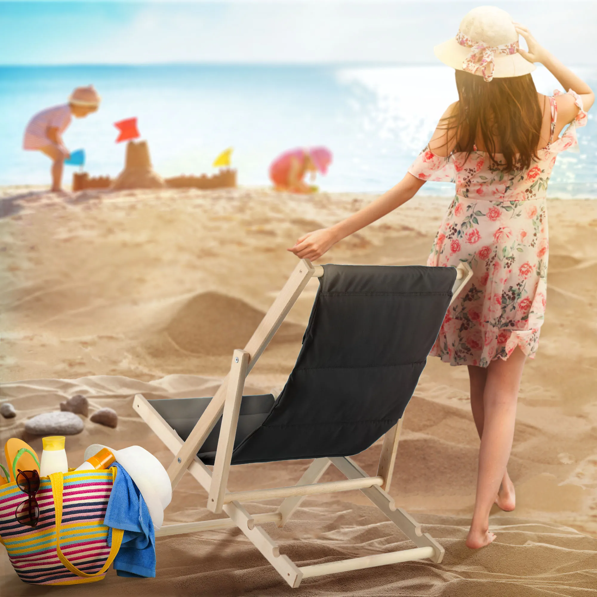 „Troia“ paplūdimio gultas su pagalvėle, juodas