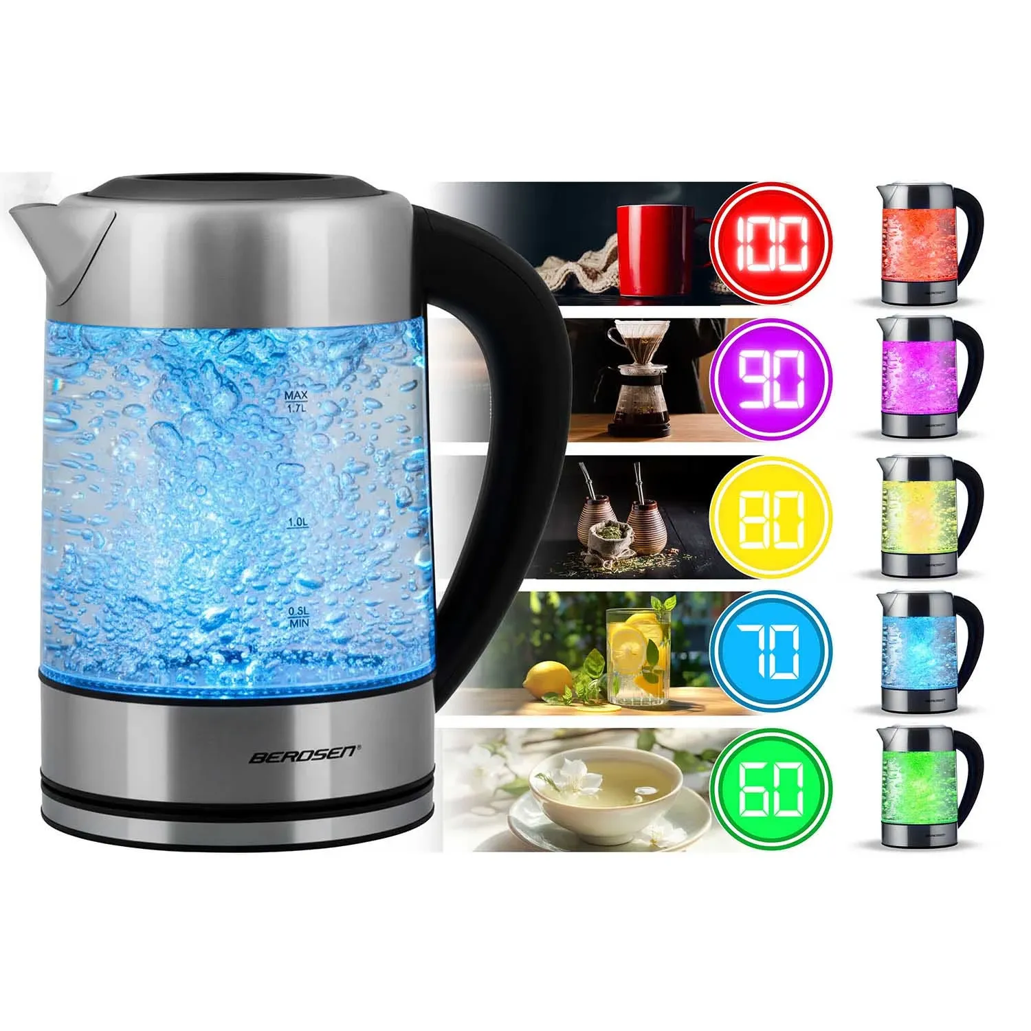 Elektrinis stiklinis virdulys su temperatūros reguliatoriumi 1,7 l 2200 W Berdsen BD-714 - nuotrauka 1