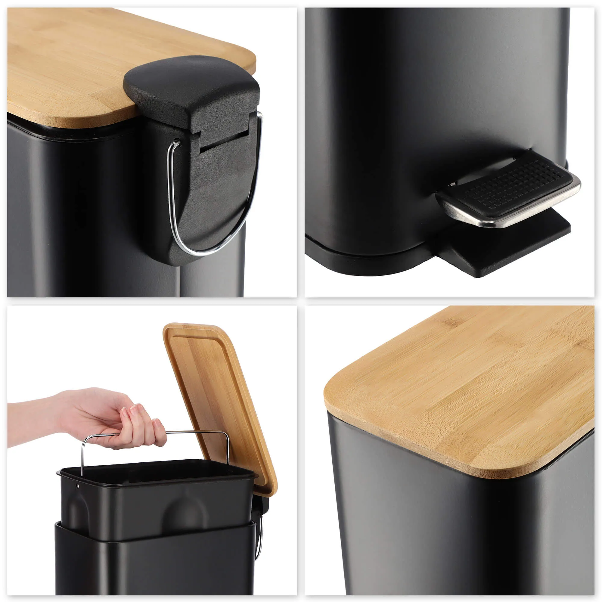 Šiukšliadėžė su bambukiniu dangčiu, 5 l, juoda