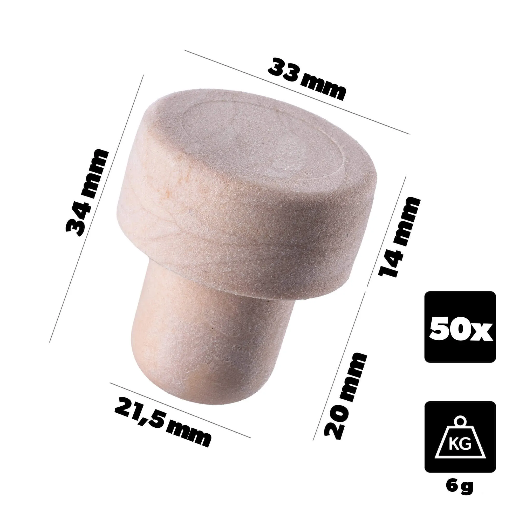 Velletri vyno butelio kamštis, sintetinis grybo formos, 21,5 mm, 50 vnt.