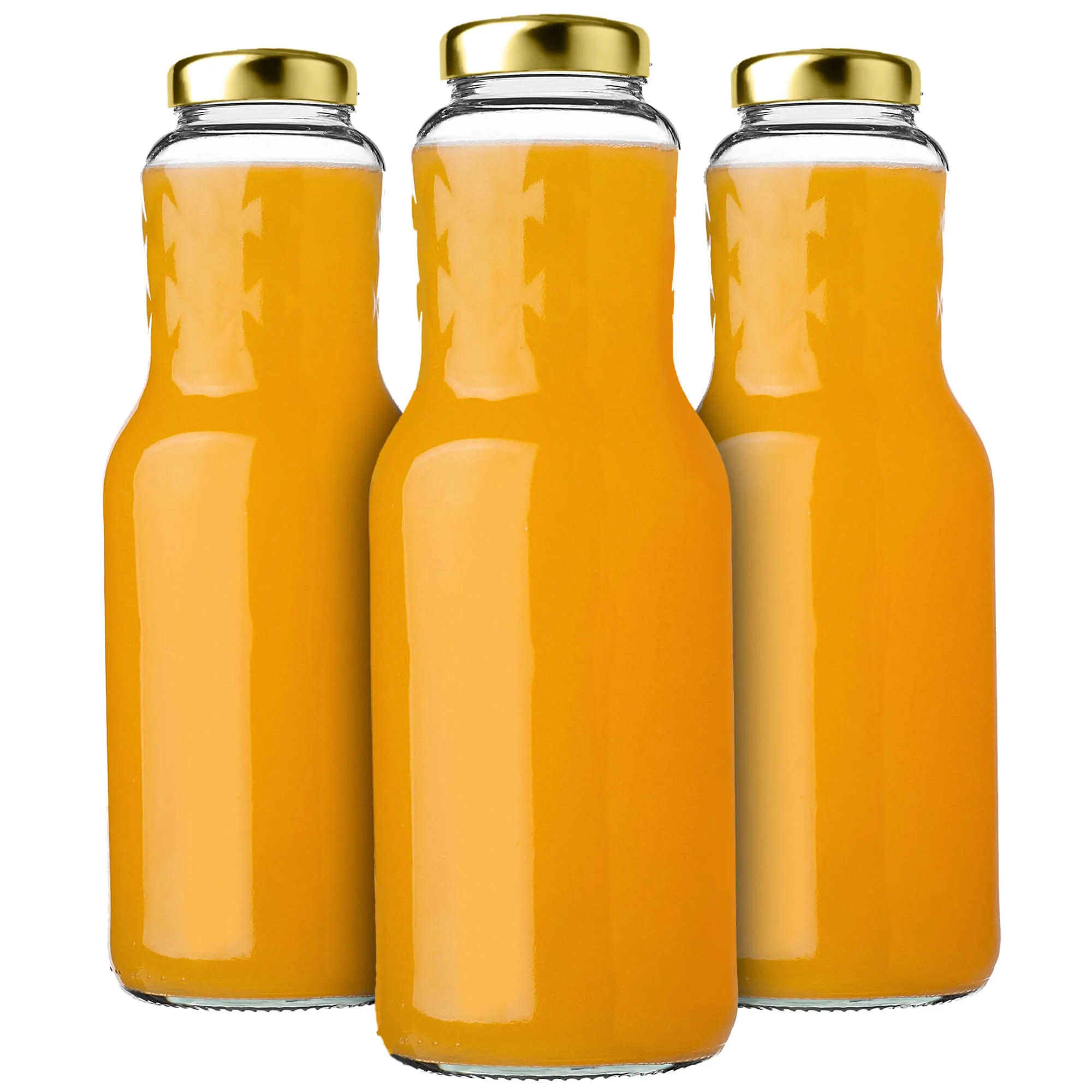 Stikliniai buteliai Sorga sultims 1L + dangteliai FI53 auksiniai 3 vnt.