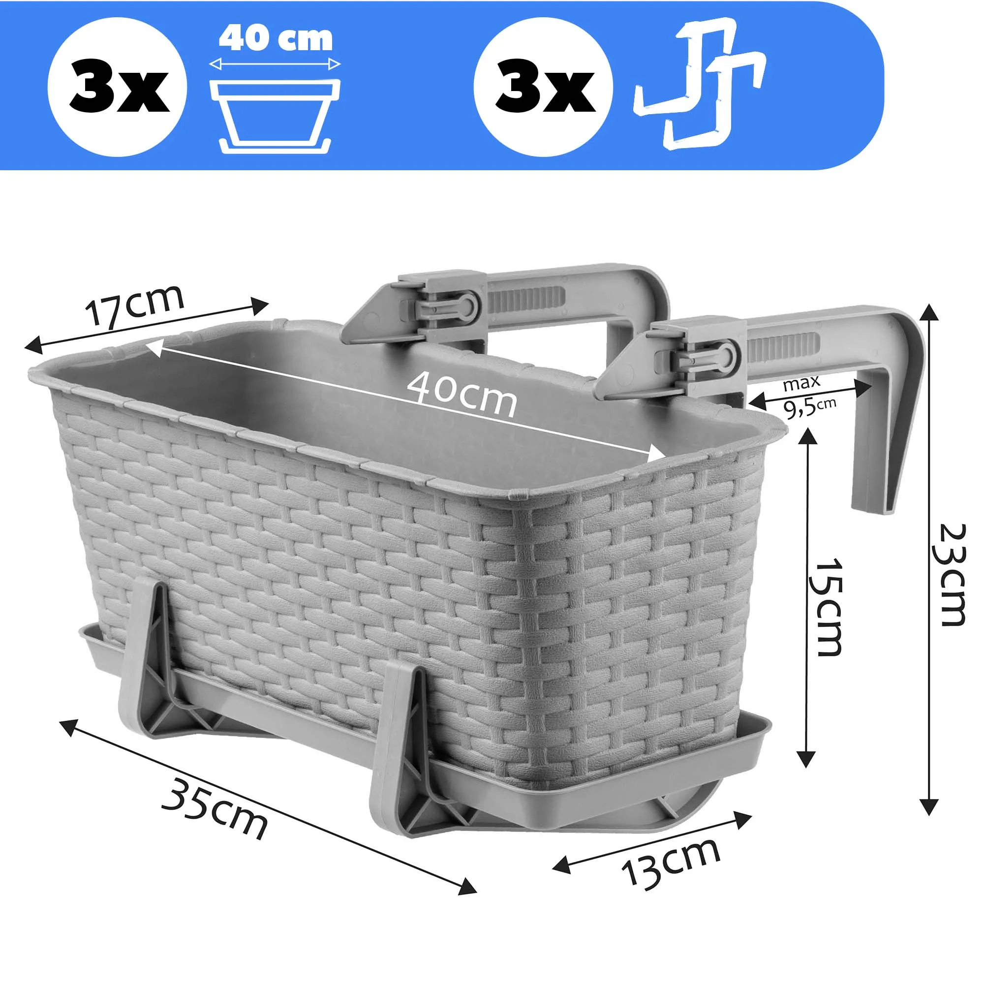 Balkono dėžė su rankenomis Castro šviesiai pilka 40 cm