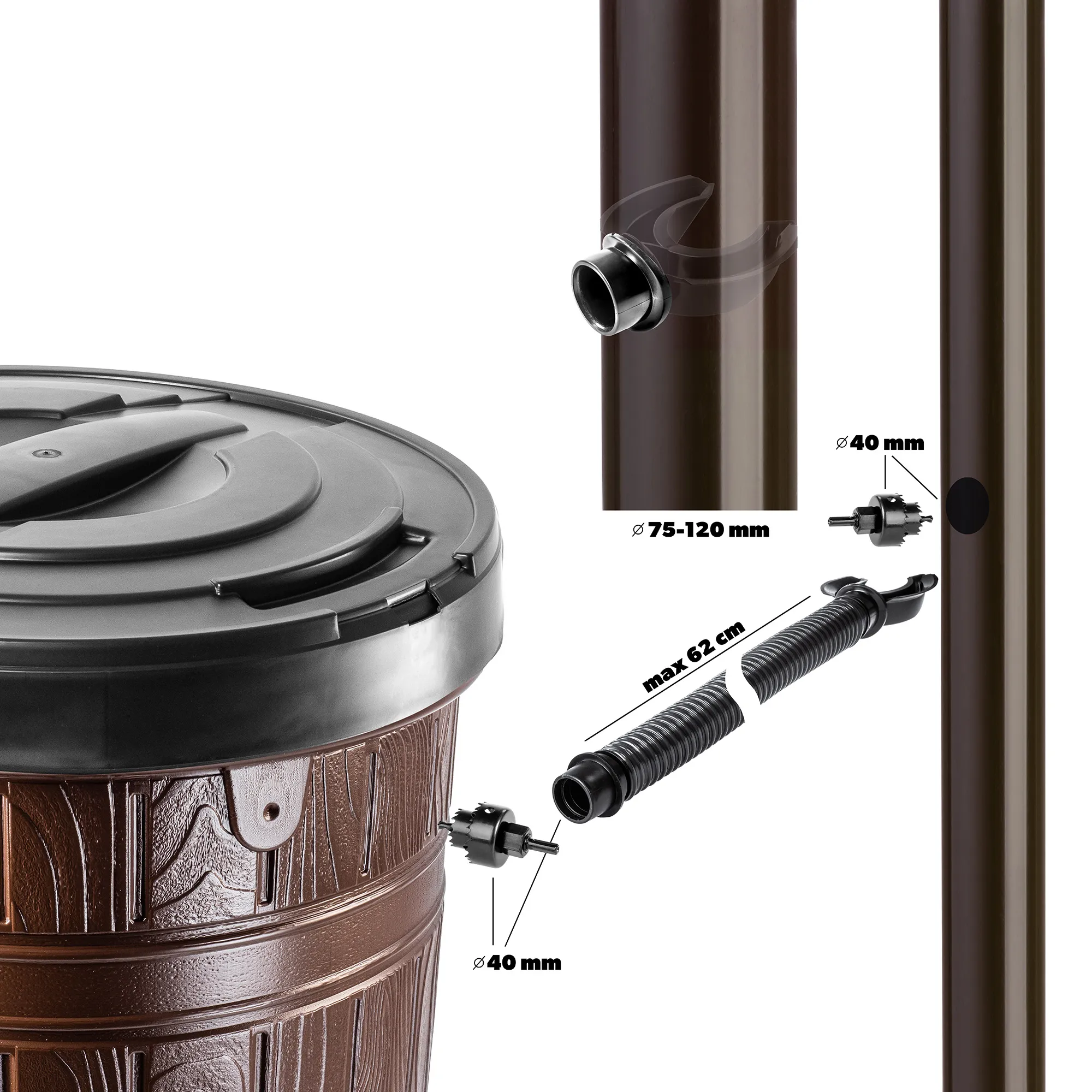 Onigo 265 l lietaus vandens bakas + prijungimo komplektas, rudas