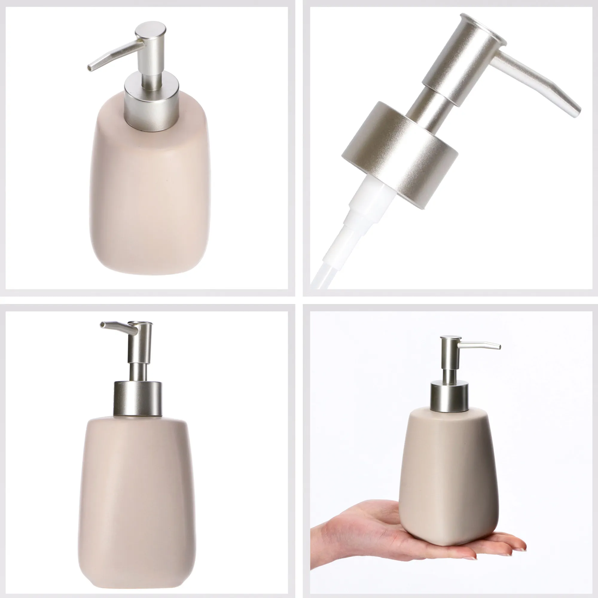 Vonios kambario komplektas: tualetinis šepetys + puodelis + dozatorius, smėlio spalvos