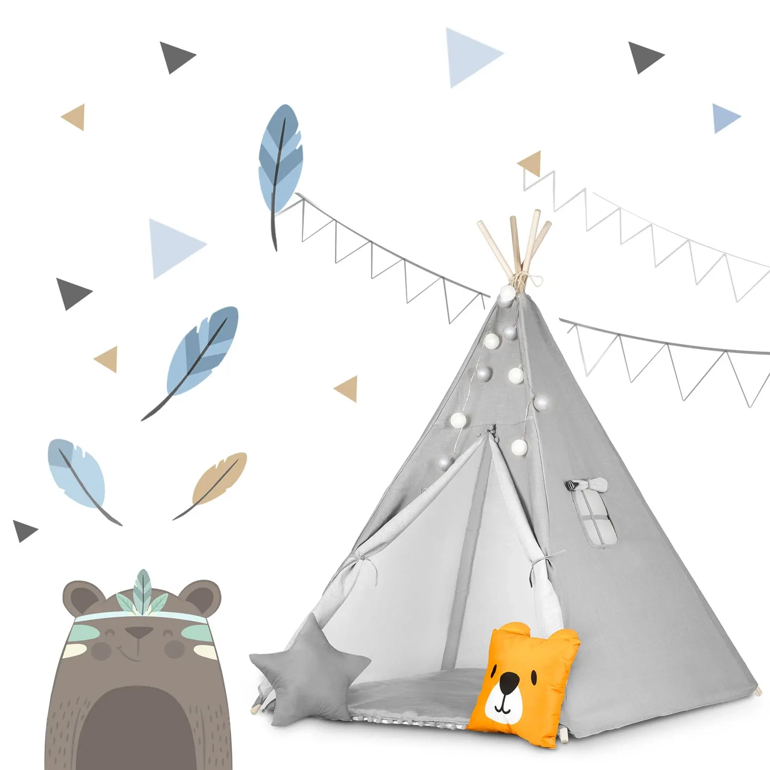 Vaikiška tipi palapinė su girlianda ir lemputėmis - pilka - nuotrauka 1