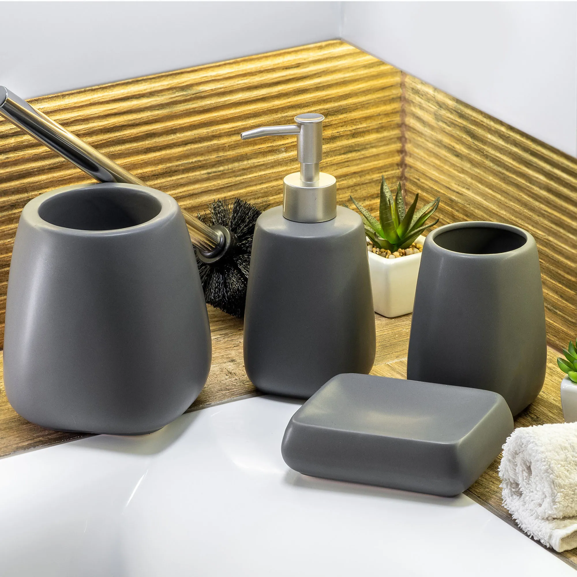 Vonios kambario komplektas: tualetinis šepetys + puodelis + dozatorius, pilkas