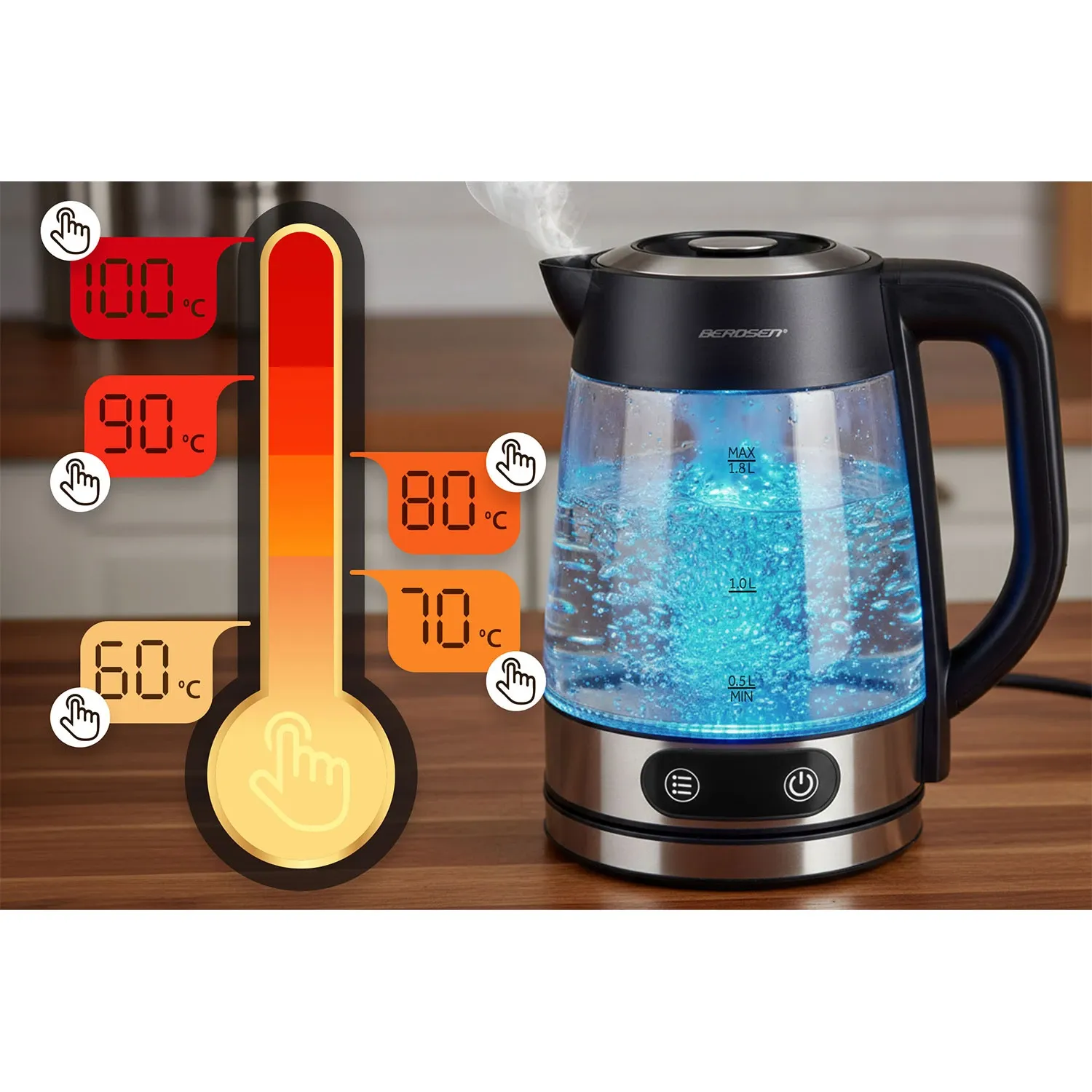 Elektrinis stiklinis virdulys su temperatūros reguliatoriumi 1,8 l 2200 W Berdsen BD-715 - nuotrauka 1
