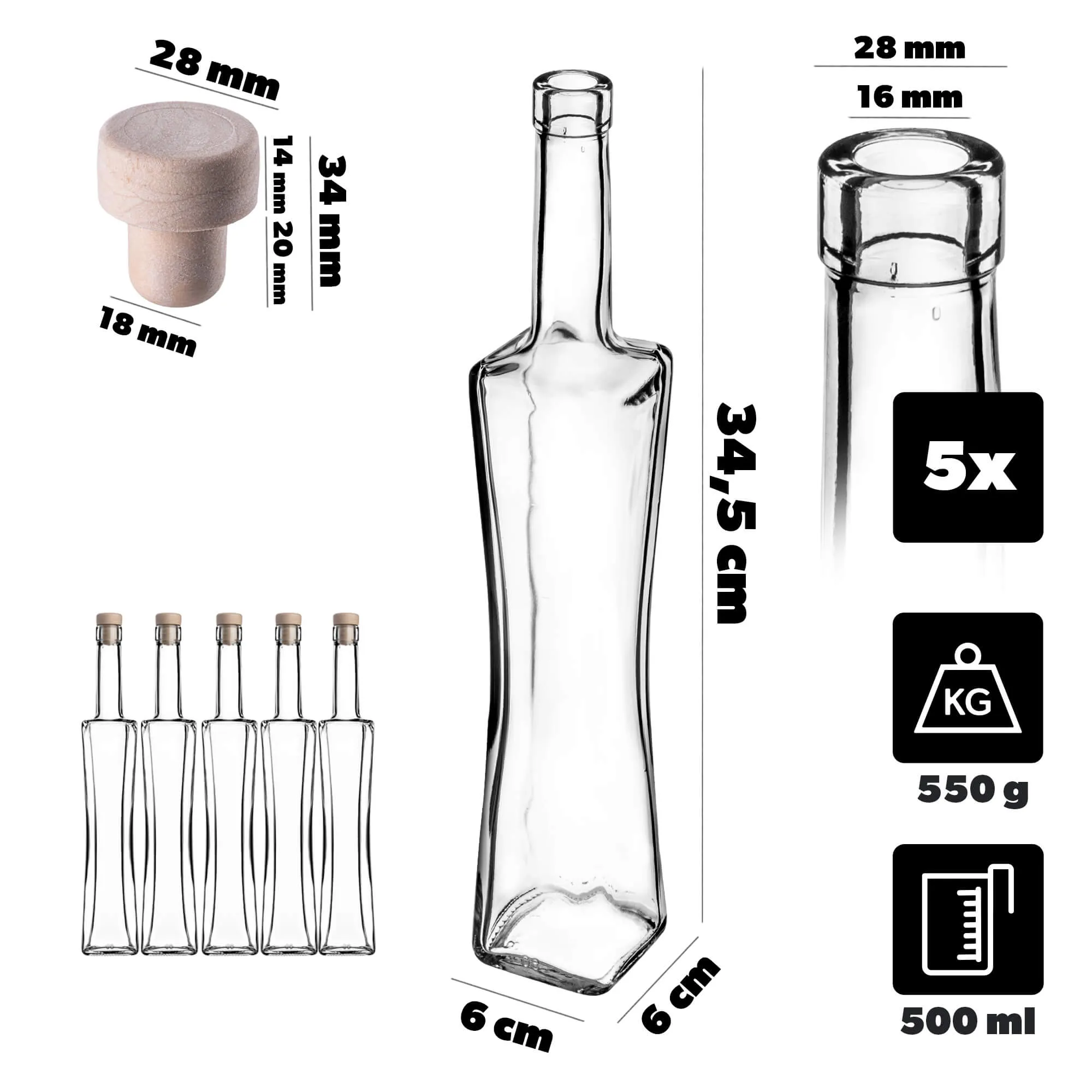 Quadra butelis 500 ml su sintetiniu kamščiu 5 vnt.