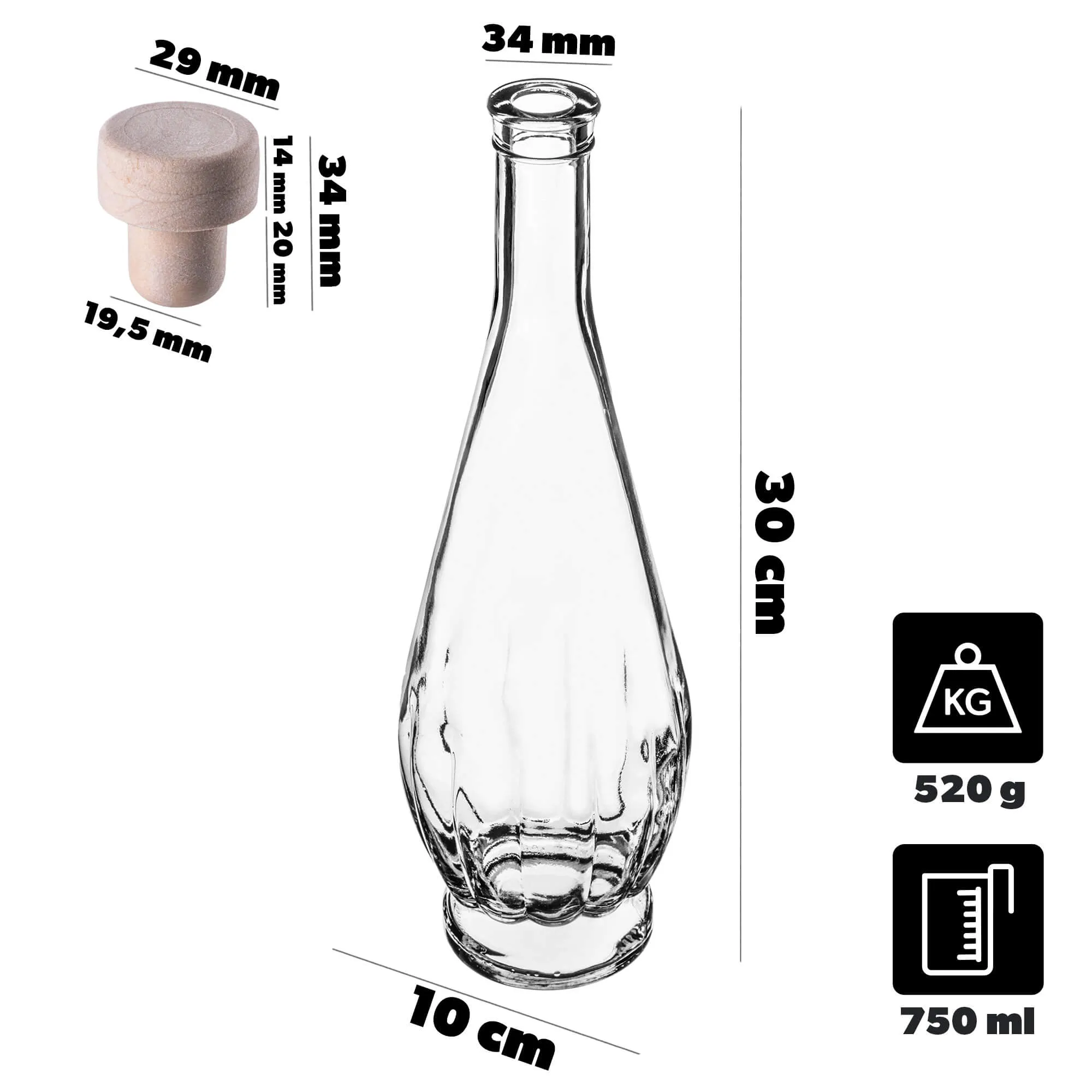 Cona stiklinis tinktūros buteliukas 750 ml su sintetiniu kamščiu 1 vnt.