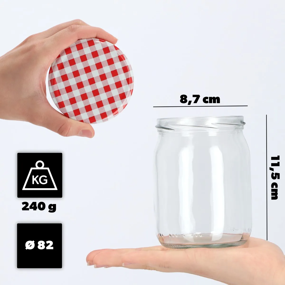 Senos stiklainiai 540 ml, 48 vnt., 82 mm + dangteliai su raudonu tinkleliu