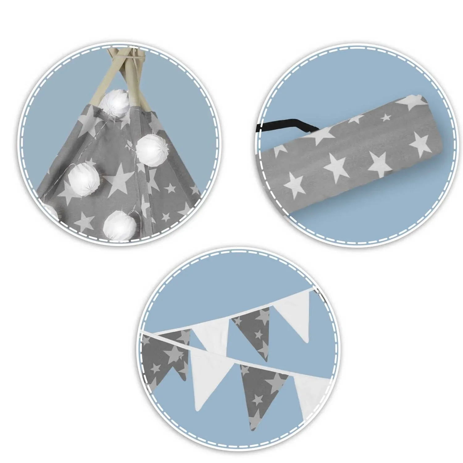 Nukido tipi palapinė vaikams su girlianda ir lemputėmis - pilka su žvaigždėmis - nuotrauka 1