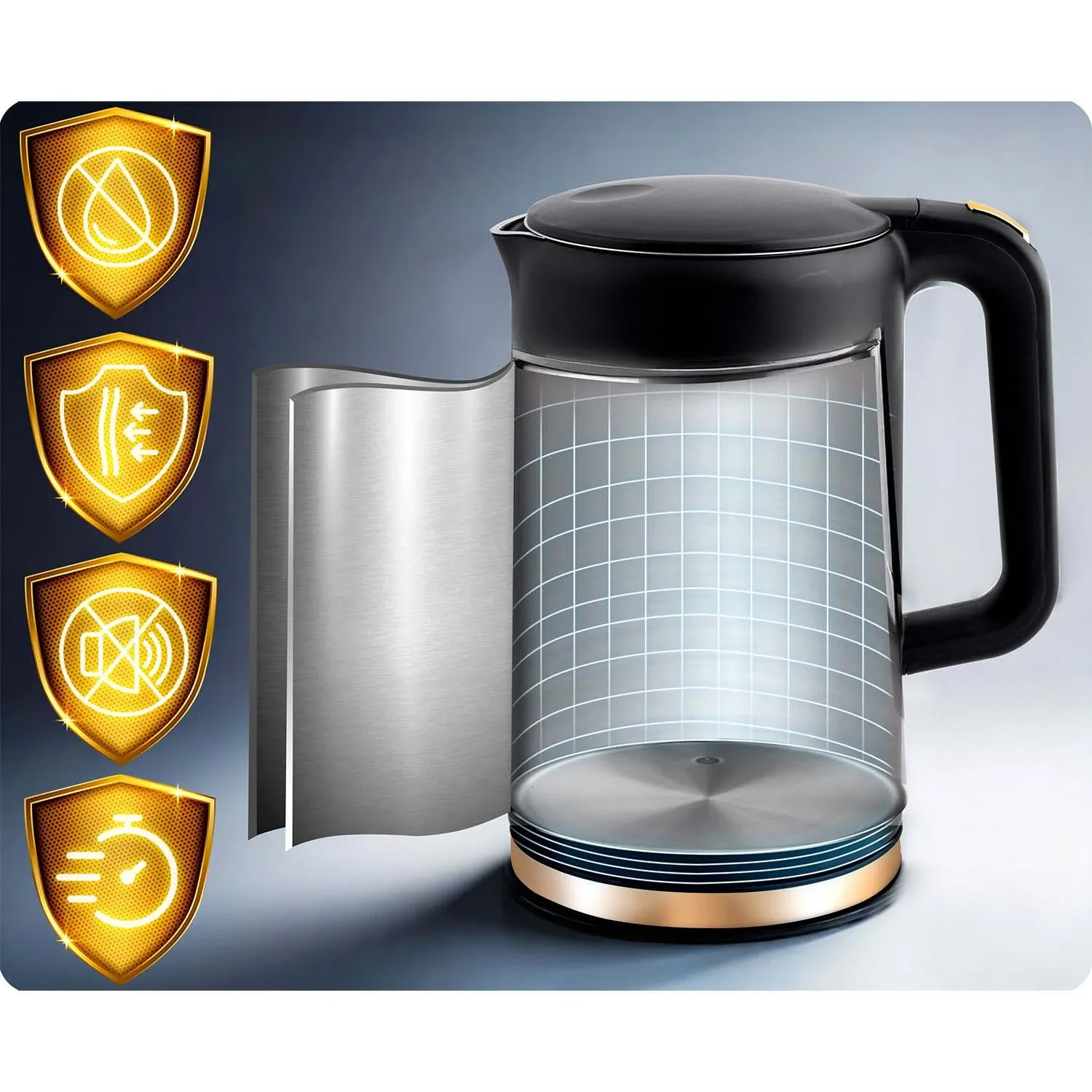 Berdsen BD-712 1,7 l elektrinis virdulys, juodos ir auksinės spalvos - nuotrauka 1