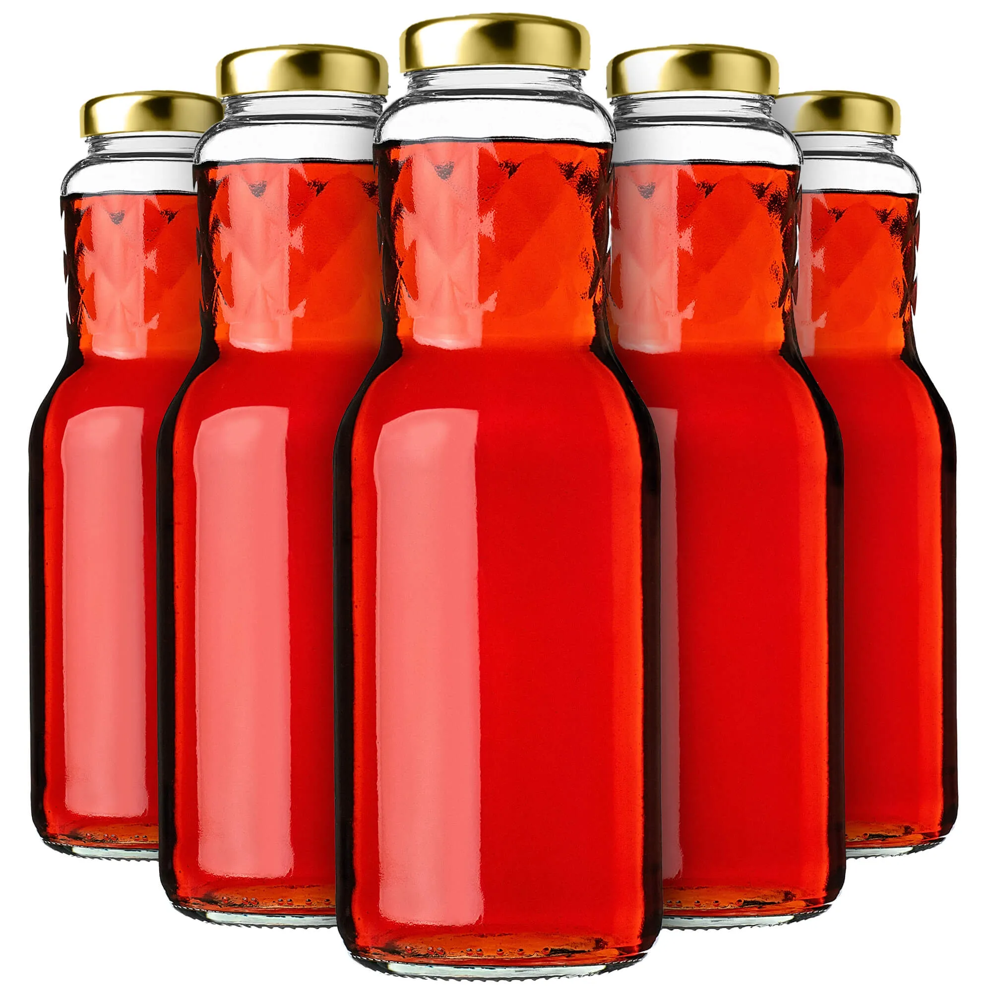 Stikliniai buteliai Sorga sultims 1L + dangteliai FI53 auksiniai 5 vnt.