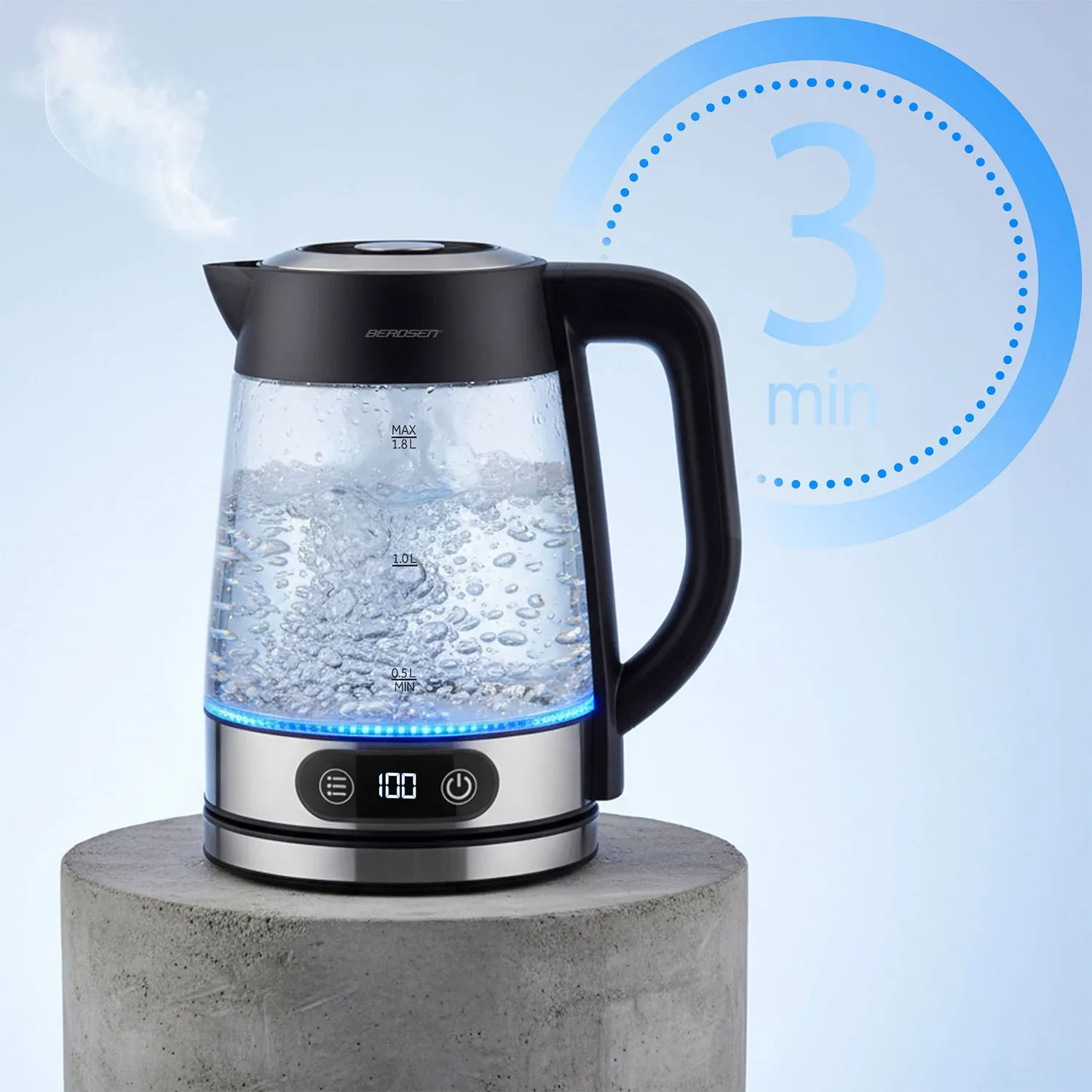 Elektrinis stiklinis virdulys su temperatūros reguliatoriumi 1,8 l 2200 W Berdsen BD-715 - nuotrauka 1