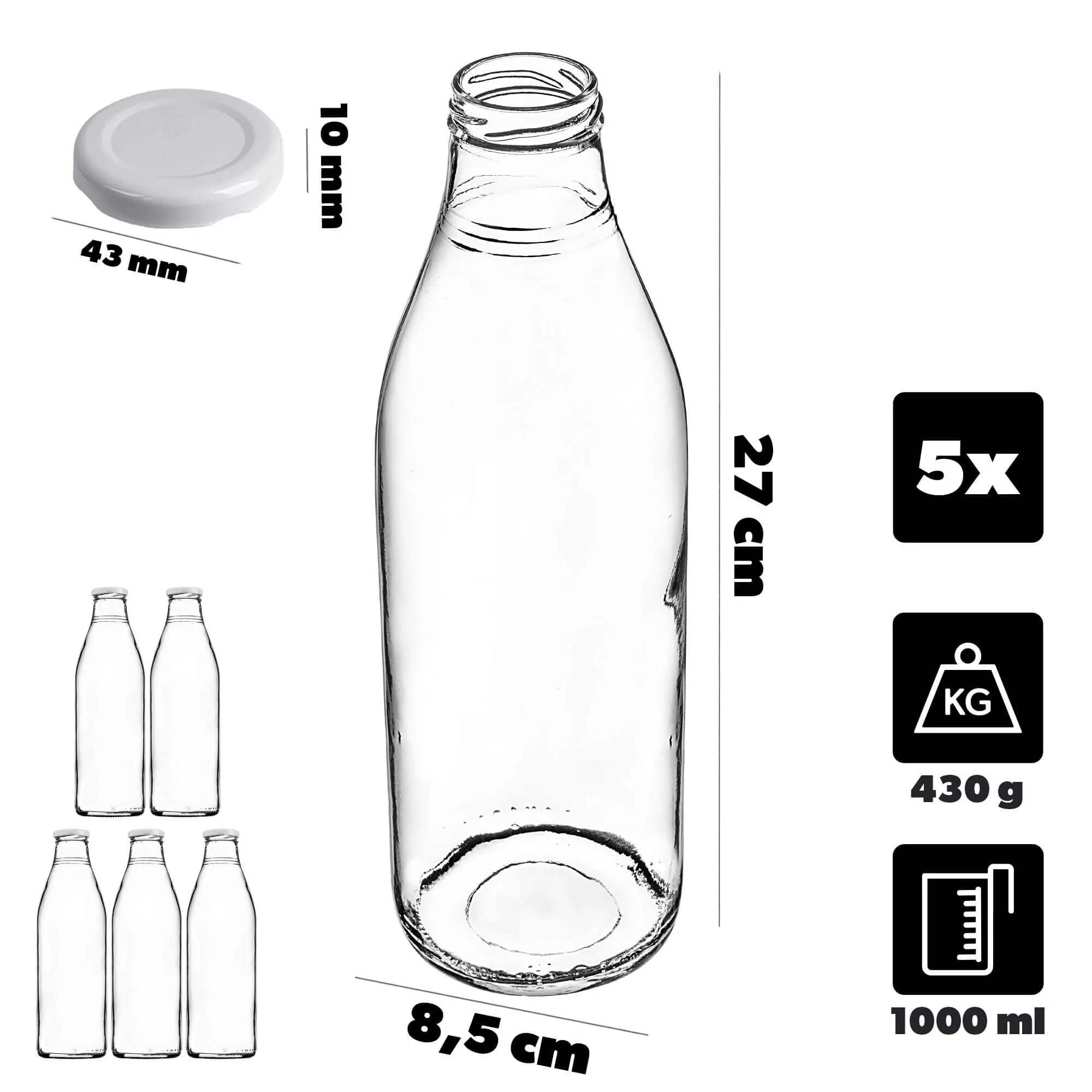 Stikliniai pieno buteliukai 1 l su baltu dangteliu, 43 mm skersmens, 5 vnt.