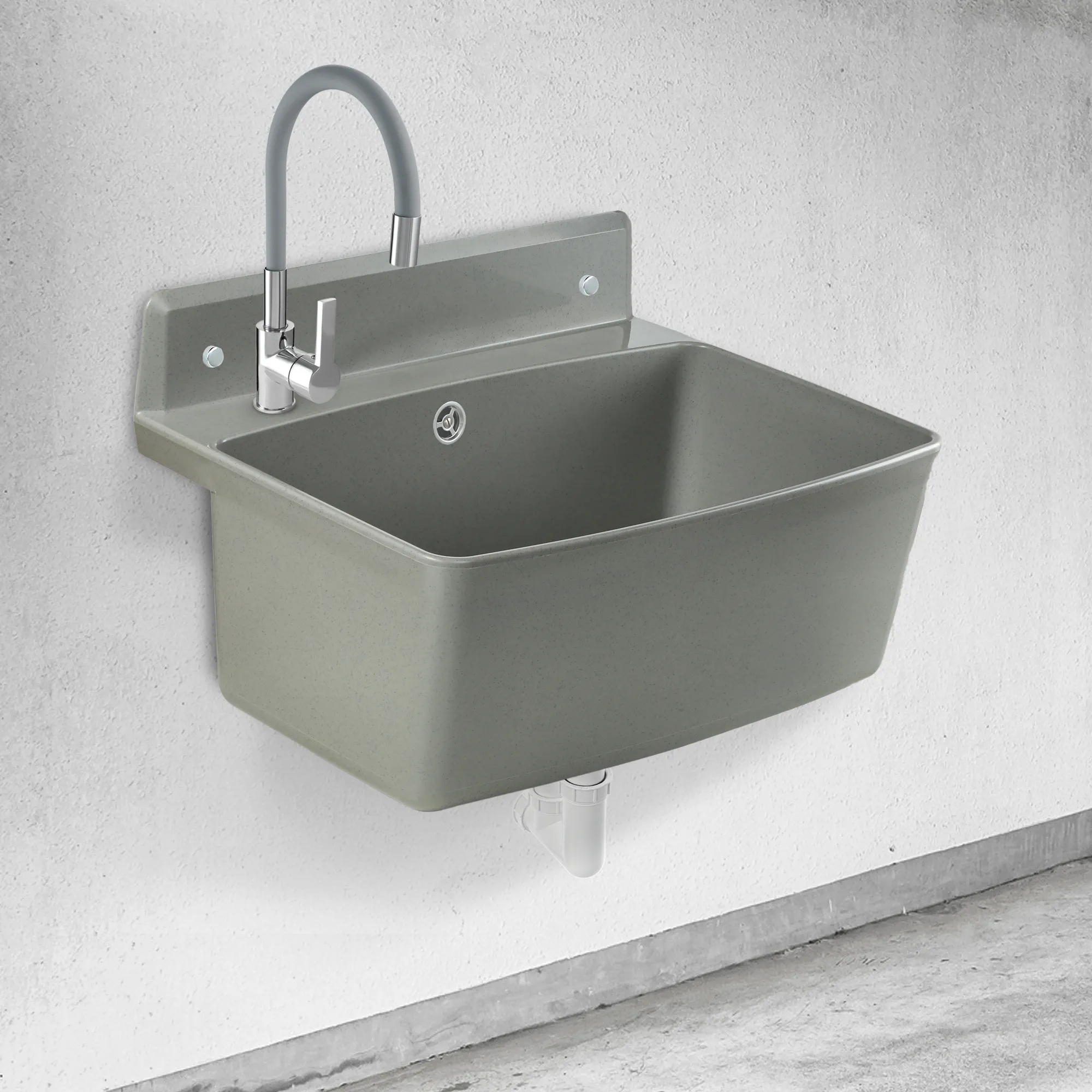 Kaimiško stiliaus kriauklė su lanksčiu „Gospo XXL“ čiaupu, pilka