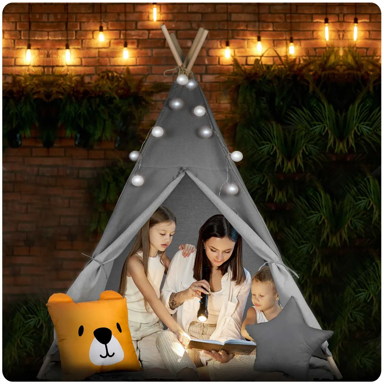 Vaikiška tipi palapinė su girlianda ir lemputėmis - pilka - nuotrauka 1