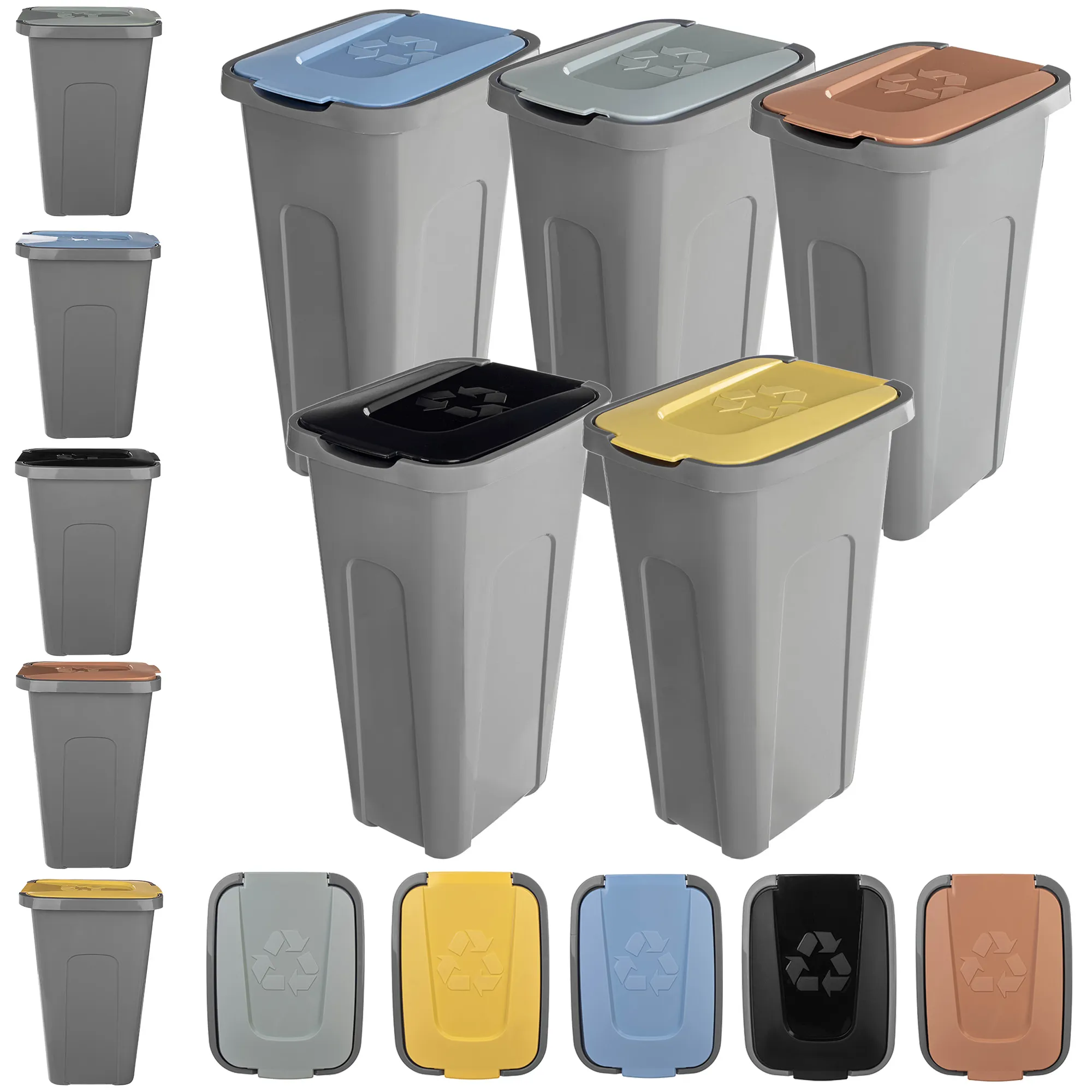 30 litrų šiukšliadėžių rinkinys geltonos, žalios, rudos, mėlynos, juodos spalvos