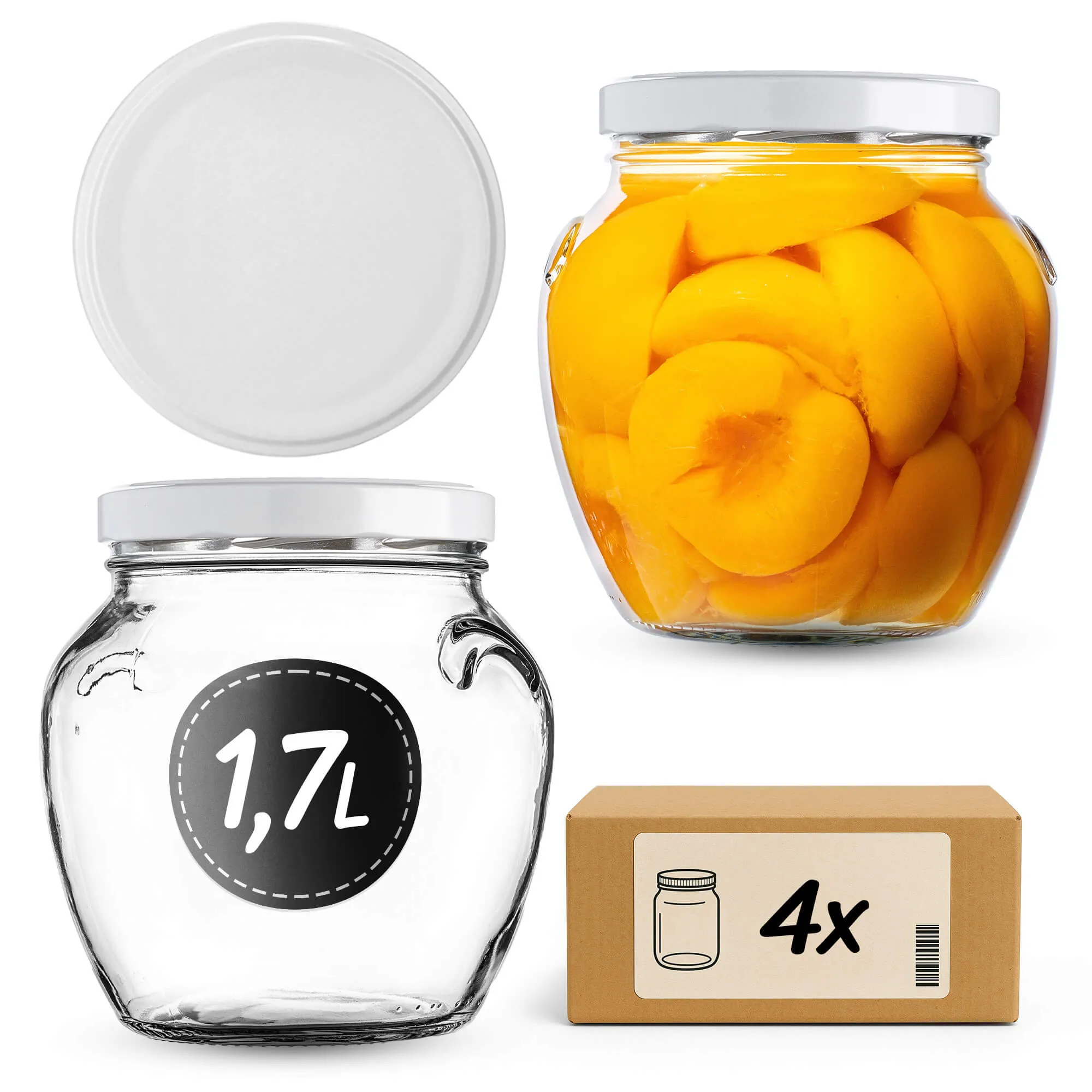 „Sassa“ konservavimo stiklainiai, 1700 ml, 4 vnt., 110 mm, + balti dangteliai