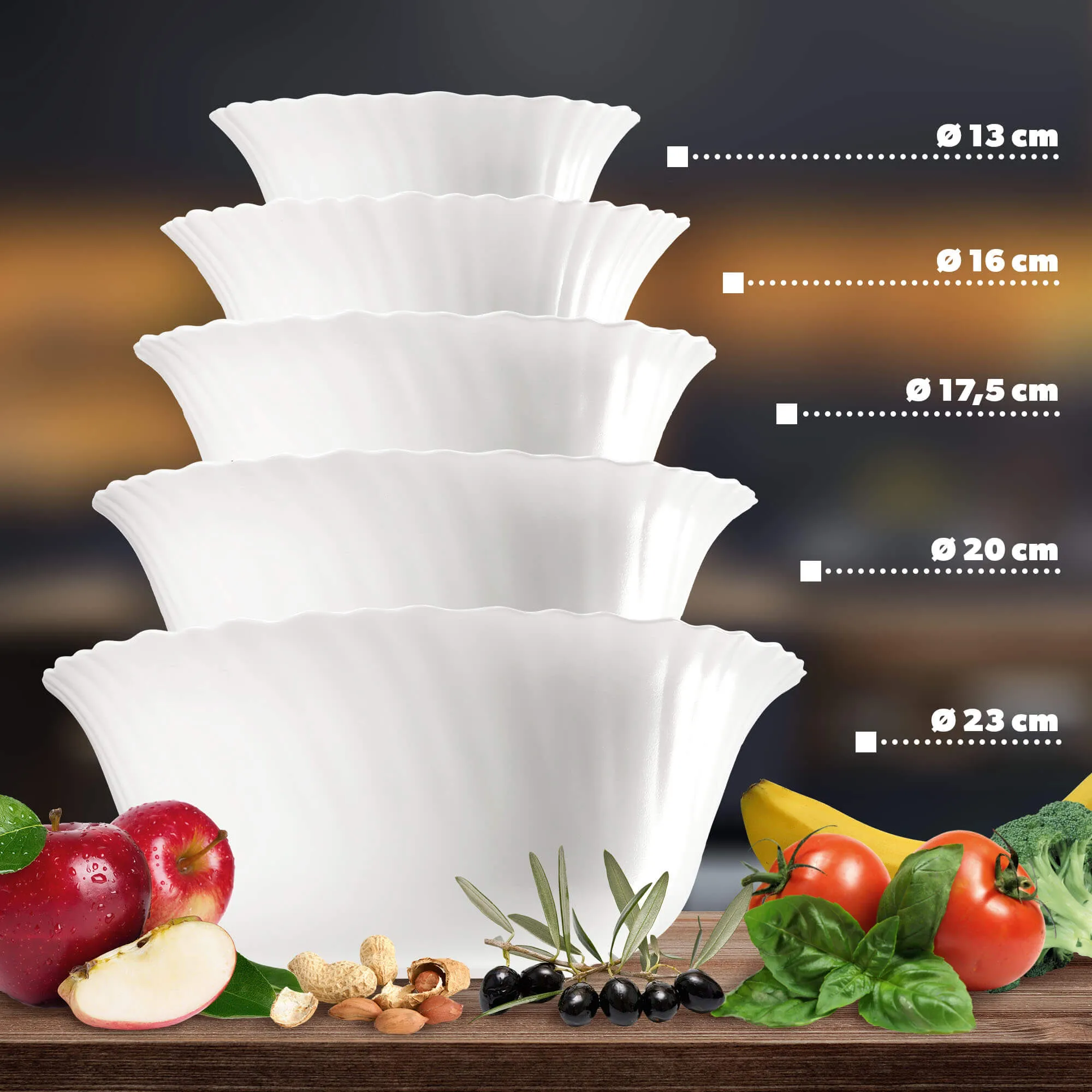 Auris stiklinis salotų dubuo, 21 cm, baltas