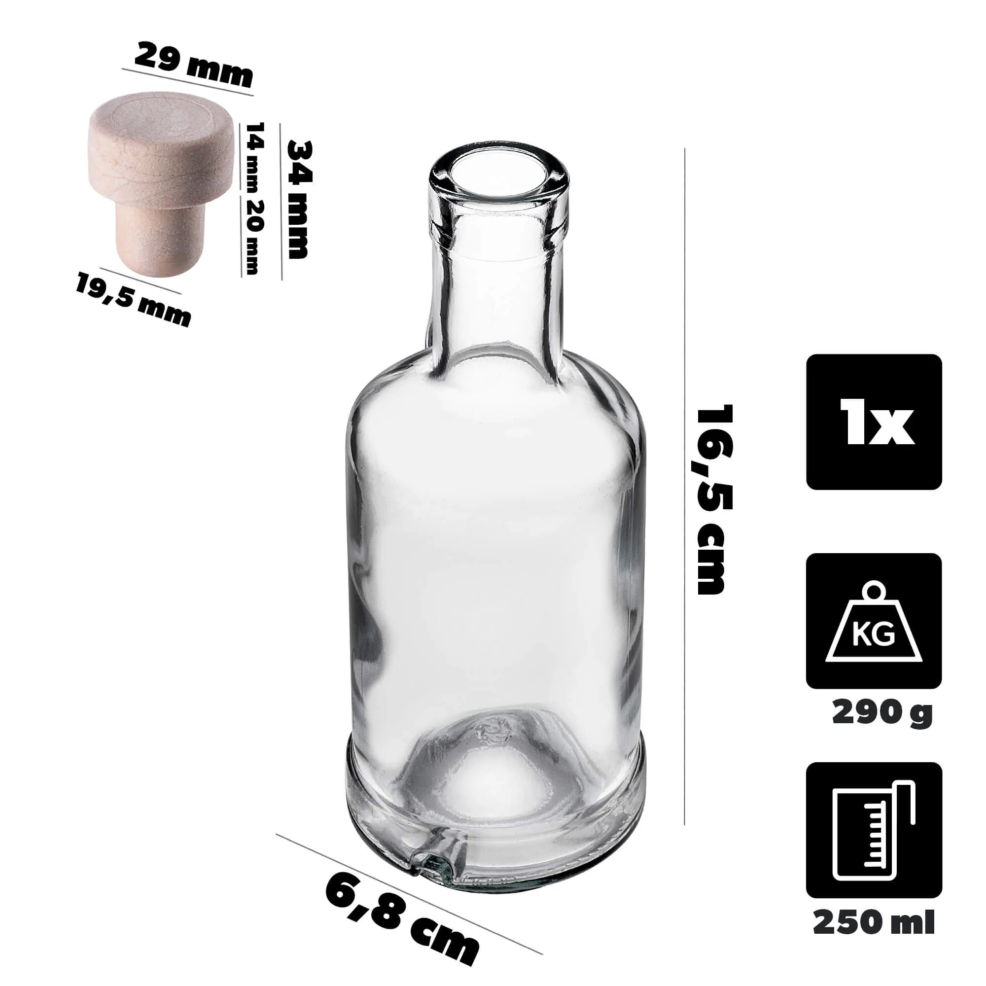 Tadek stiklinis alkoholio butelis 250 ml su sintetiniu kamščiu 1 vnt.