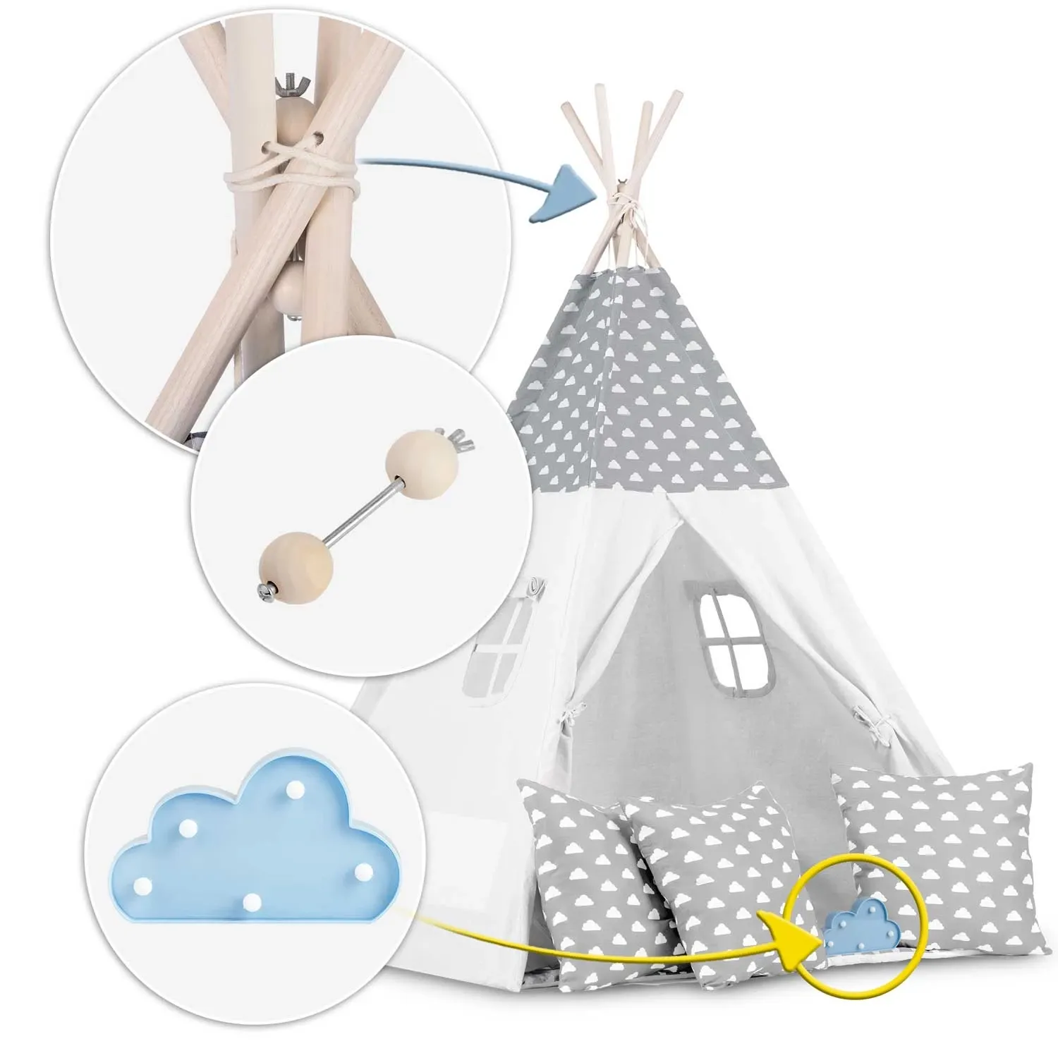 Vaikiška tipi palapinė su girlianda ir lemputėmis - šviesiai pilka su debesėliais - nuotrauka 1