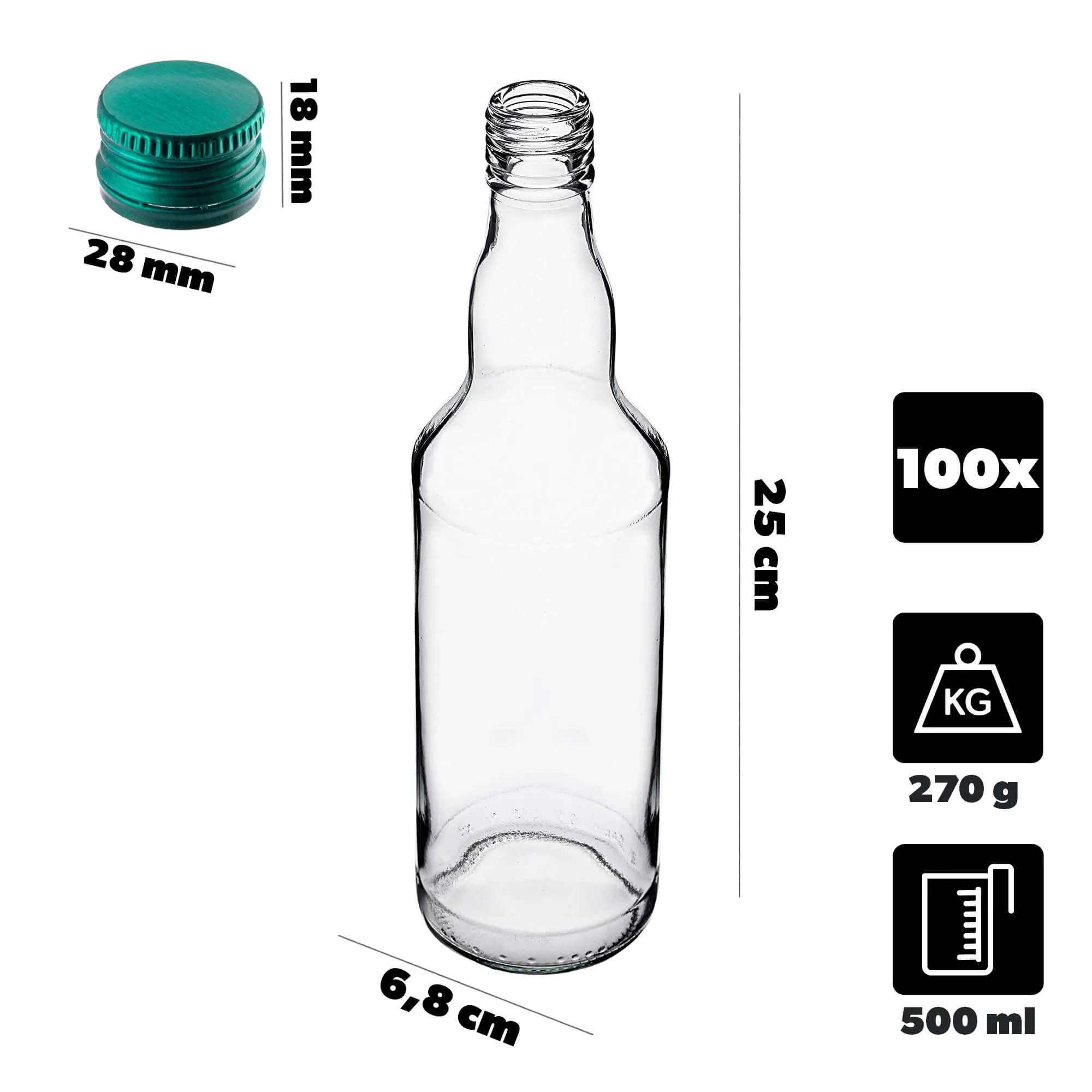 Monopol stikliniai buteliai 500 ml su žaliu dangteliu 100 vnt.