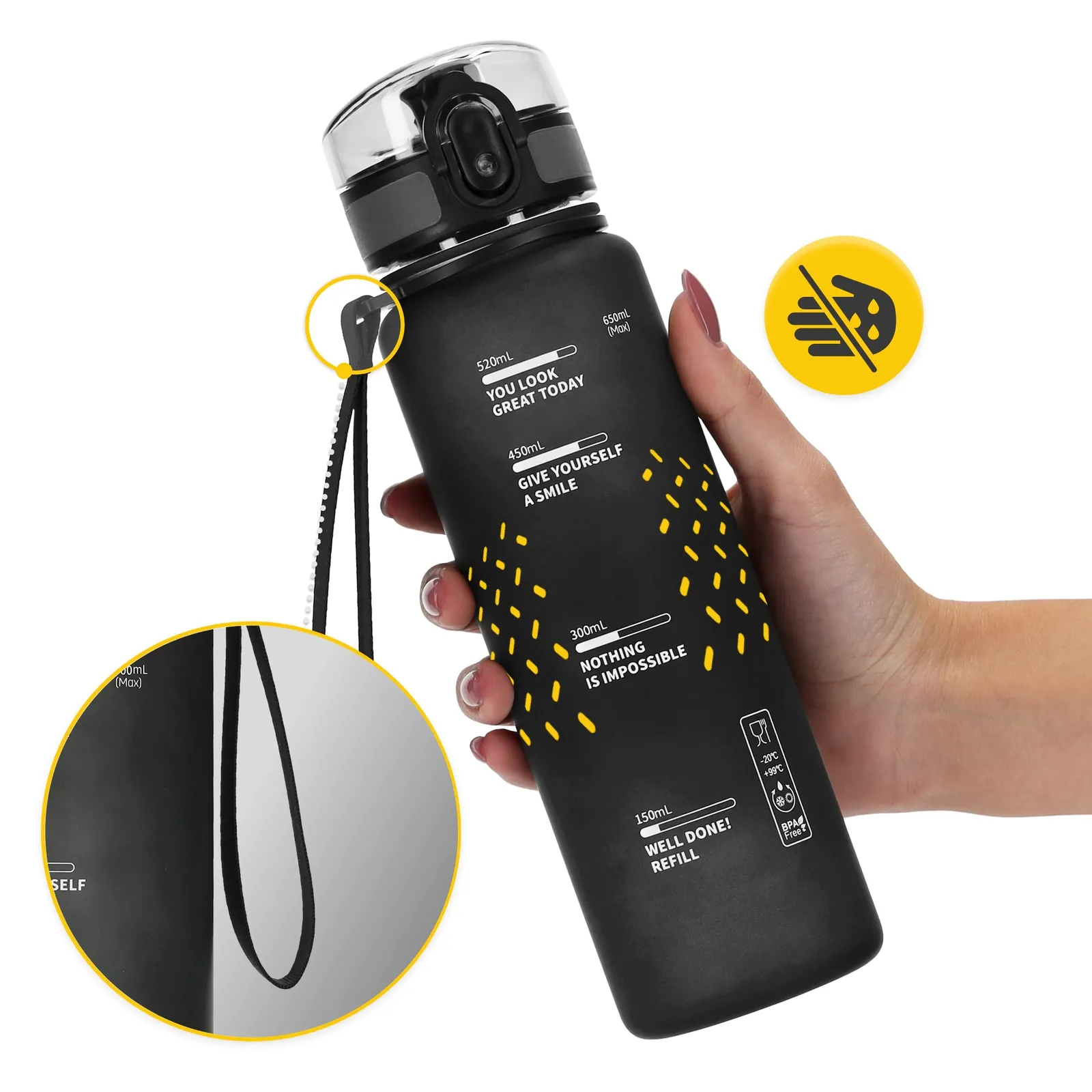 650 ml juodas sportinis vandens butelis