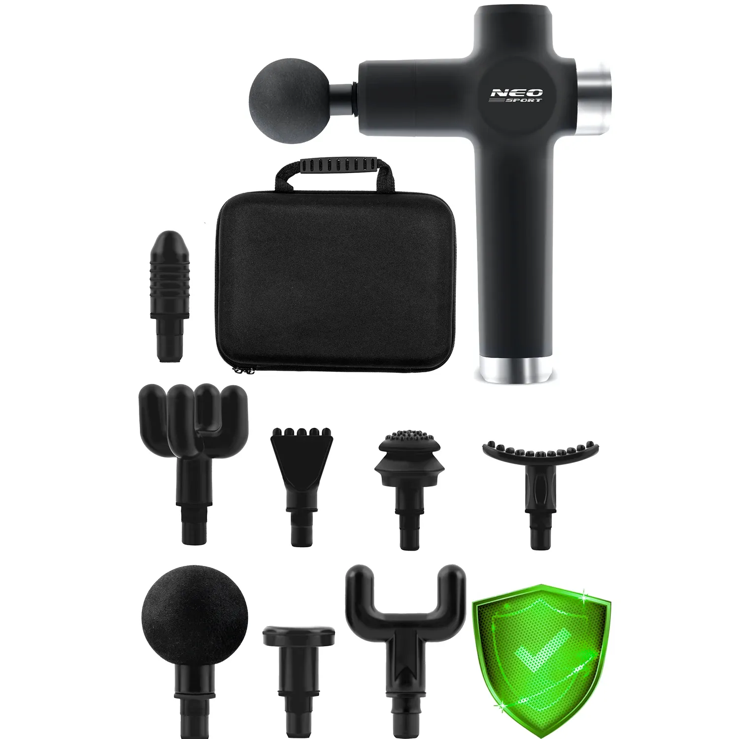 Kūno masažo pistoletas NS-501 Neo-sport juodas su 8 antgaliais - nuotrauka 1