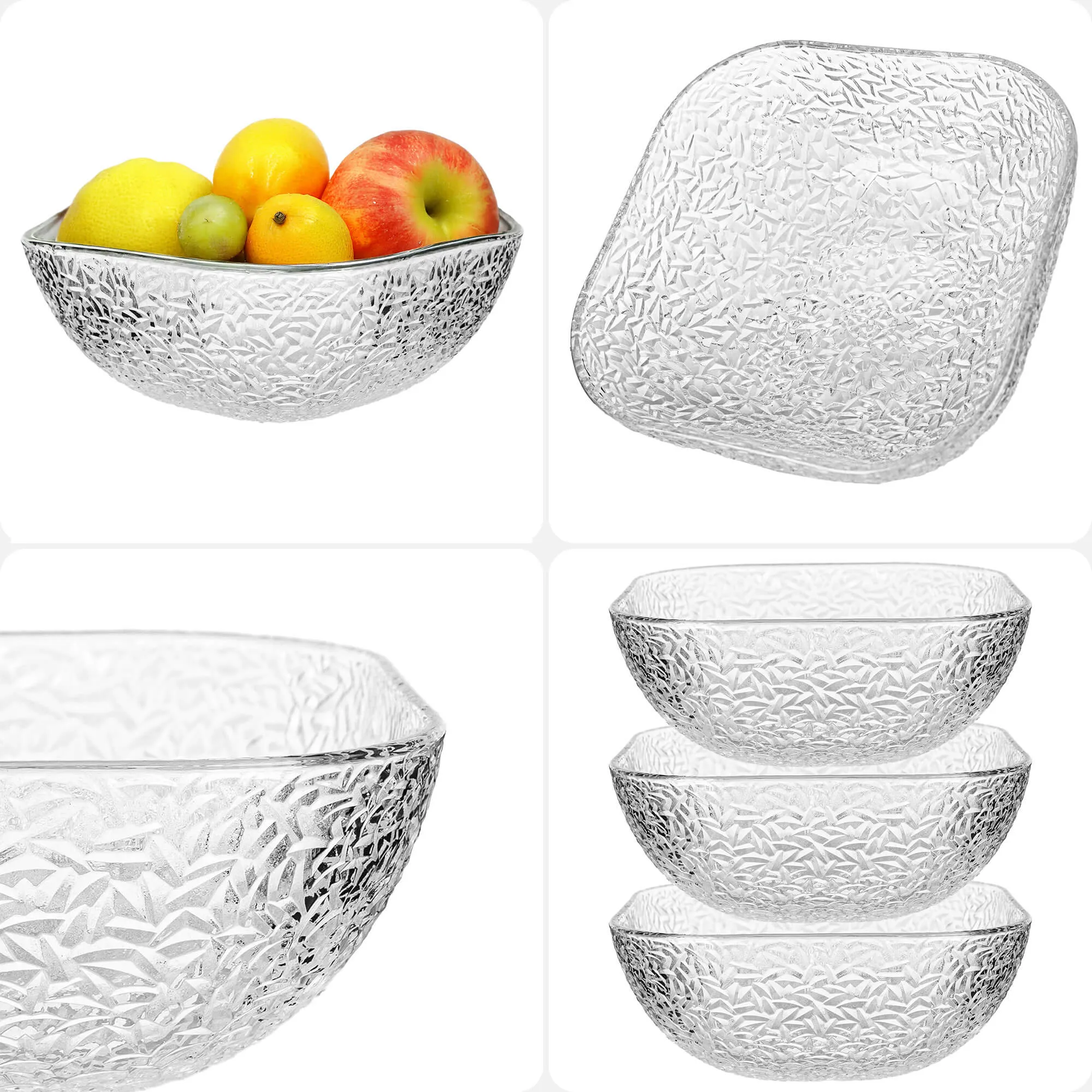 Venosa stikliniai salotų dubenėliai, 20 cm, su ledo raštu, 3 vnt.