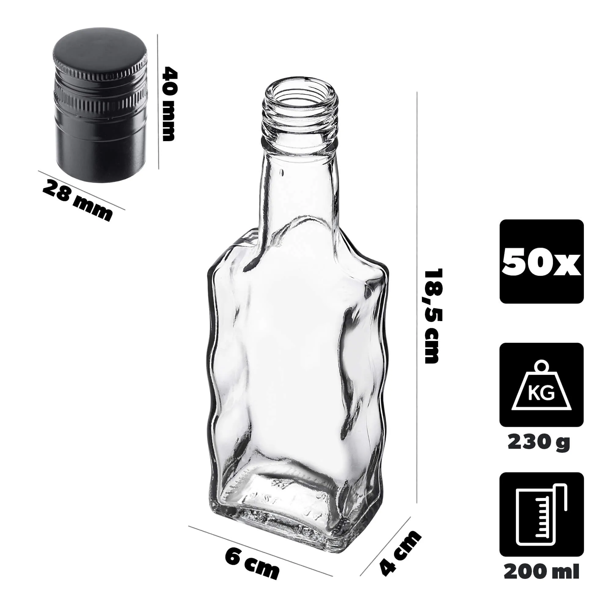 Fala stiklinis tinktūros buteliukas 200 ml su ilgu juodu dangteliu 50 vnt.