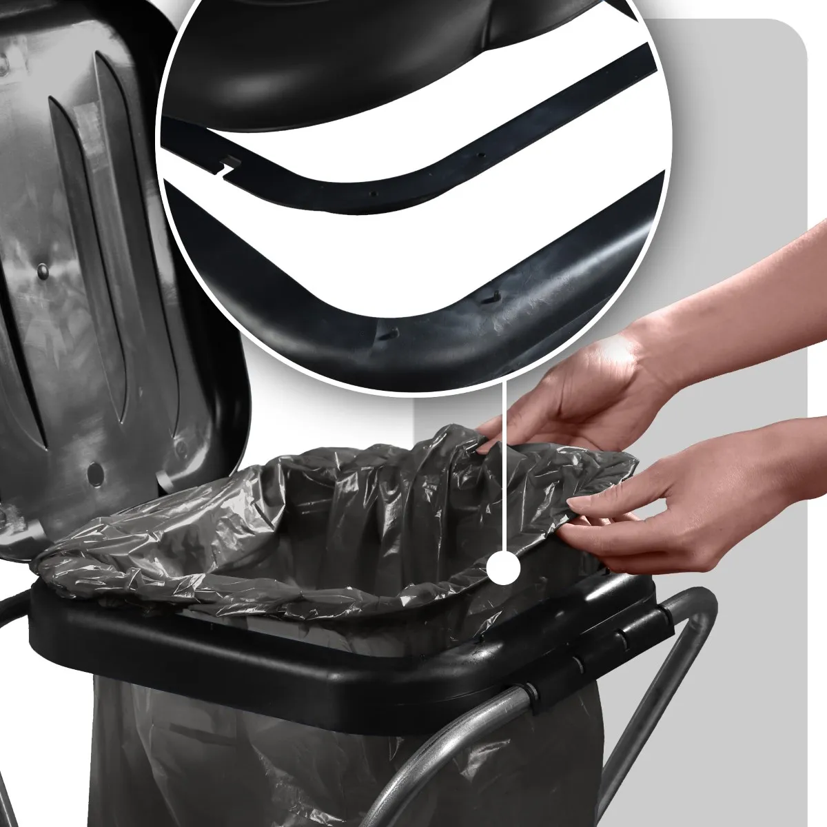 Bakel viengubas juodas atliekų rūšiavimo maišų stovas