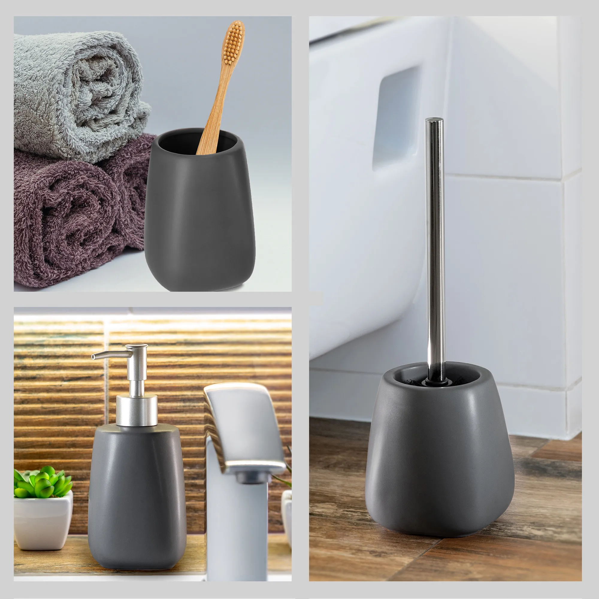 Vonios kambario komplektas: tualetinis šepetys + puodelis + dozatorius, pilkas