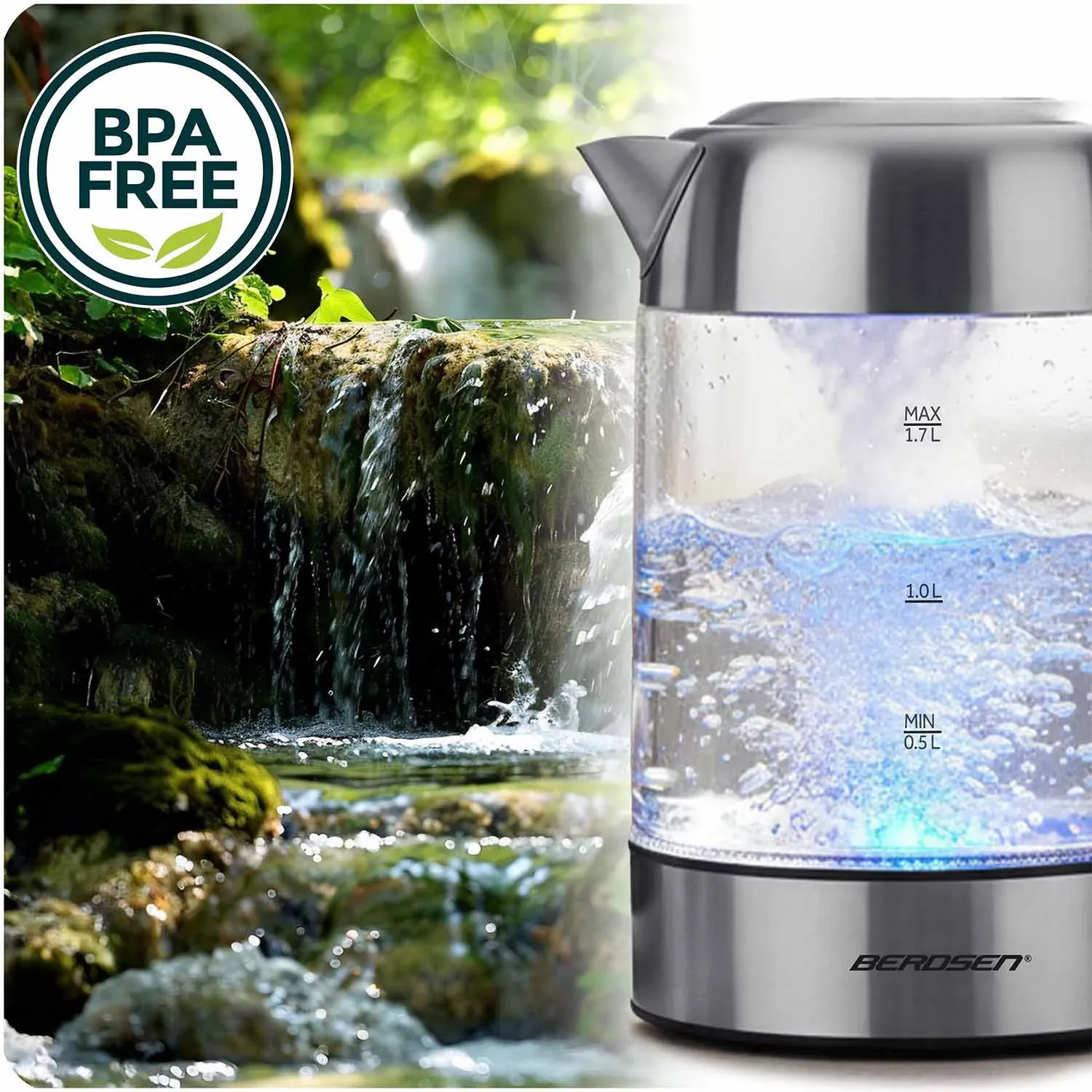 Elektrinis stiklinis virdulys su temperatūros reguliatoriumi 1,7 l 2200 W Berdsen BD-714 - nuotrauka 1