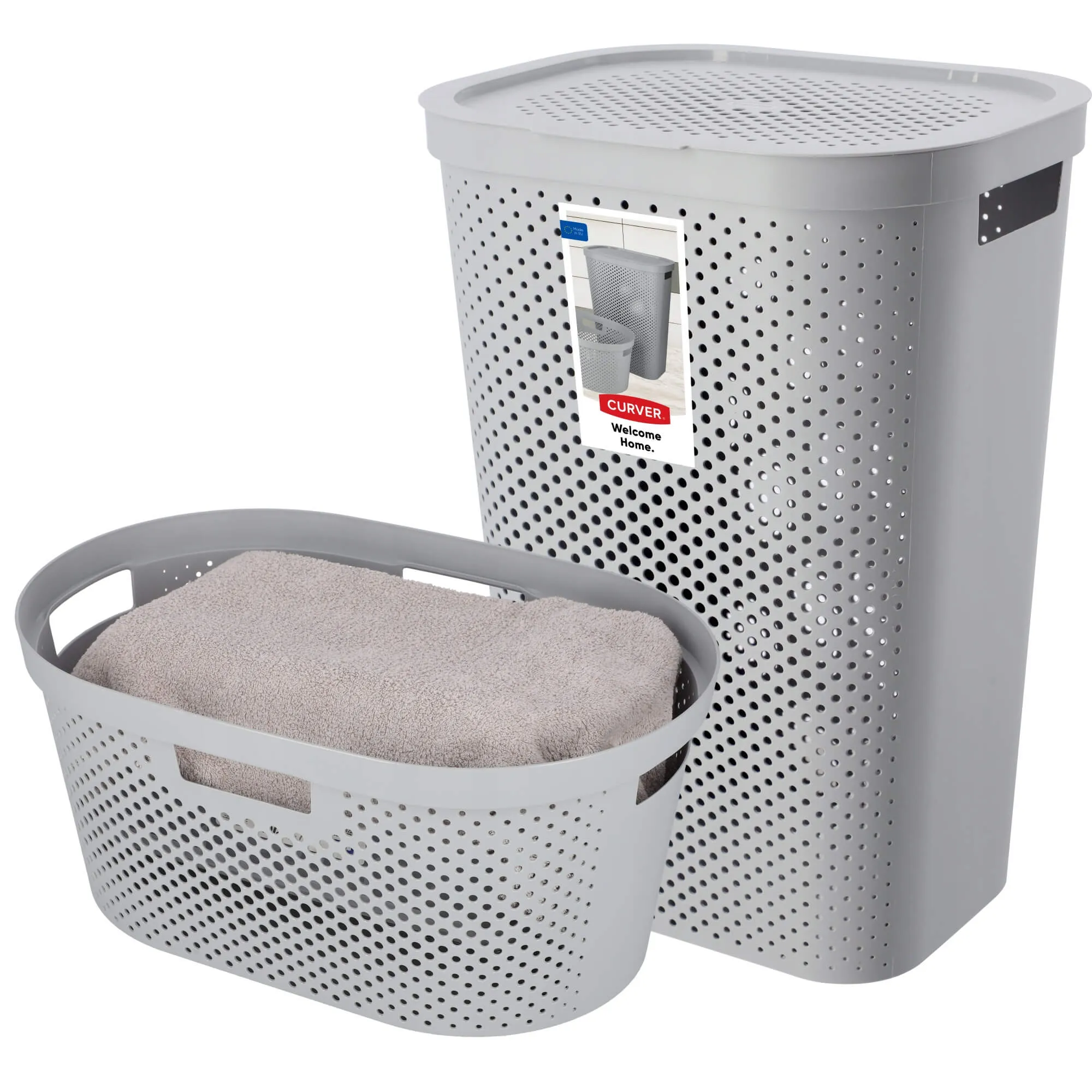 60 litrų krepšys su dangčiu + 45 litrų konteineris „Curver Infinity“, šviesiai pilkas