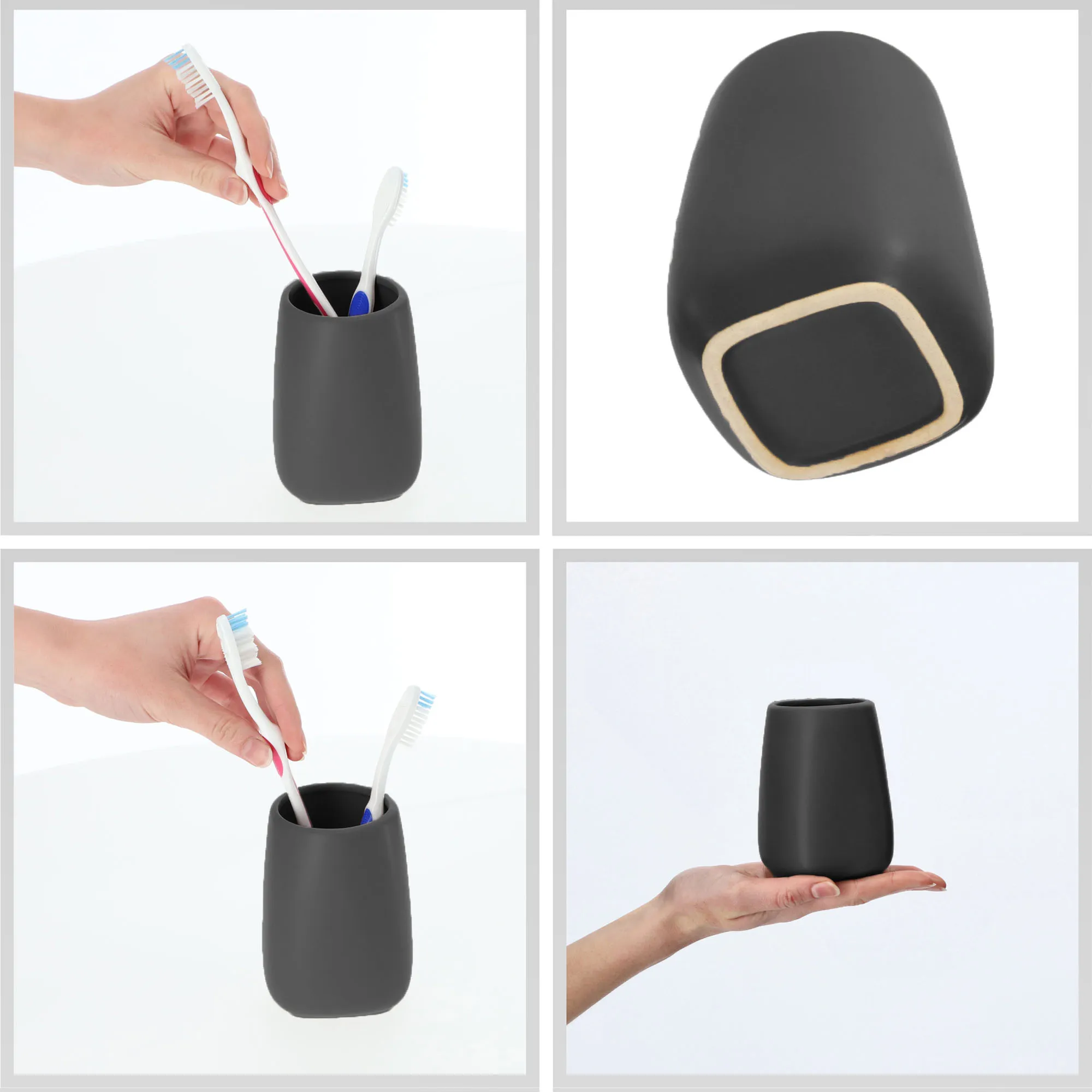 Vonios kambario komplektas: tualetinis šepetys + puodelis + dozatorius, pilkas