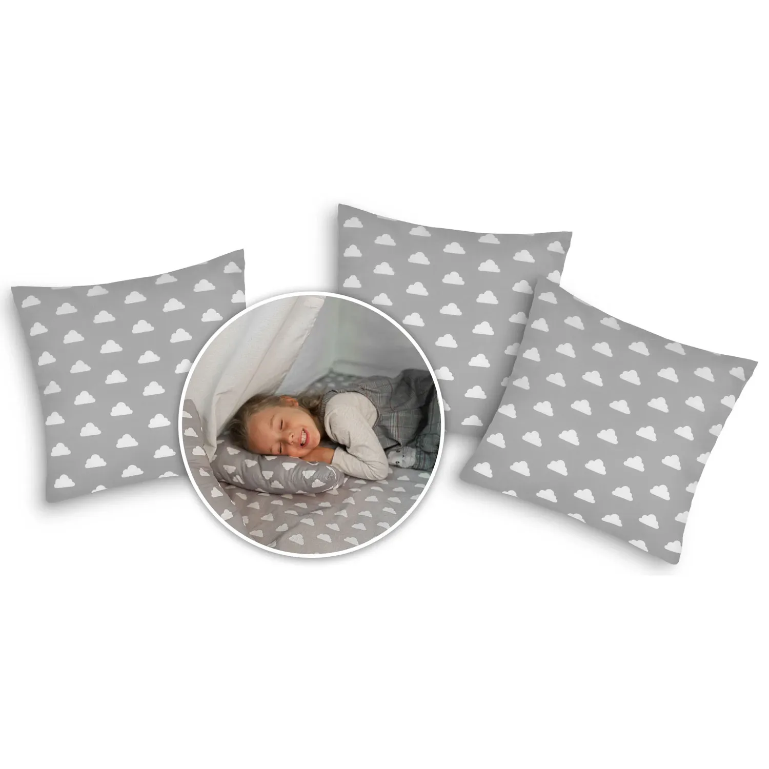 Vaikiška tipi palapinė su girlianda ir lemputėmis - šviesiai pilka su debesėliais - nuotrauka 1