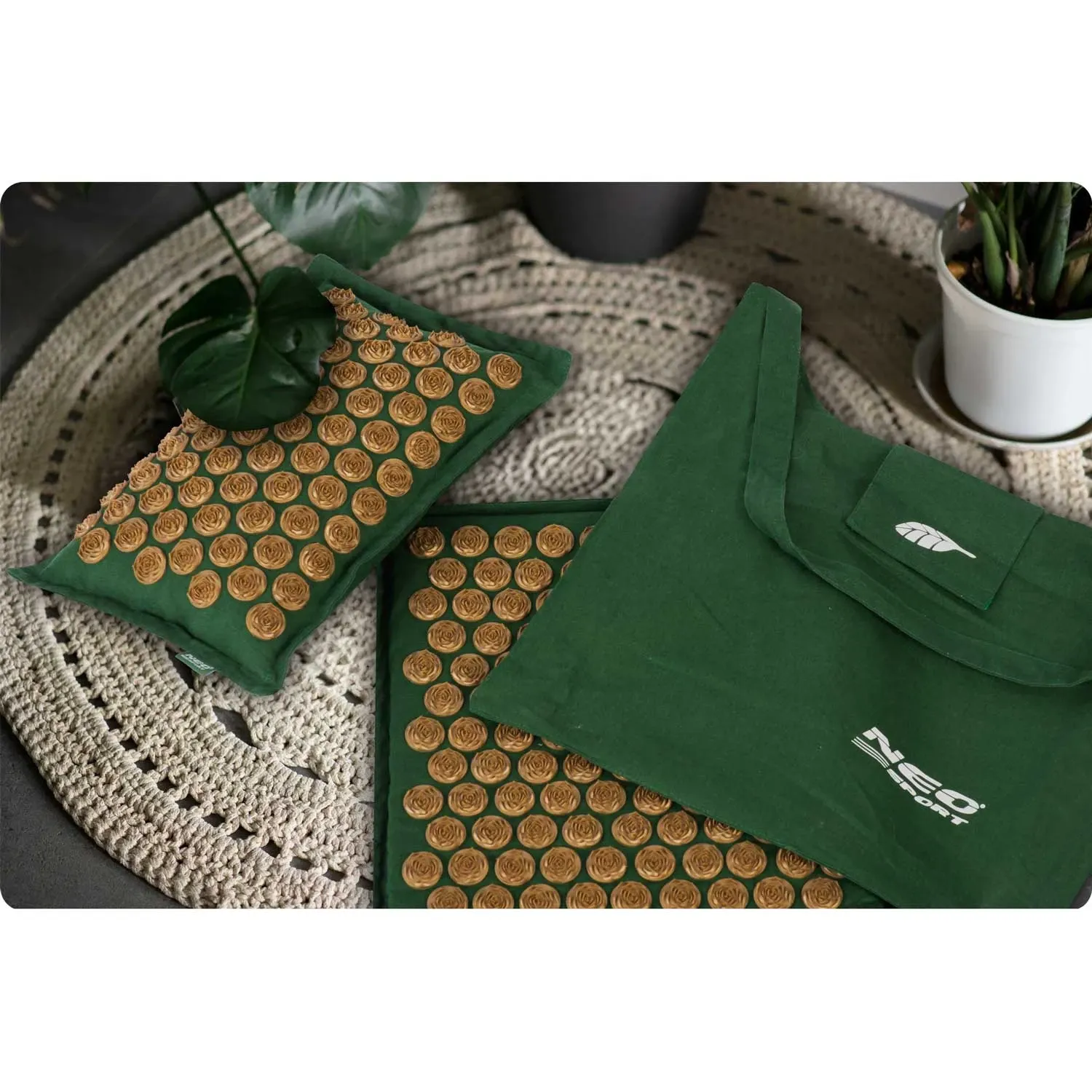 Akupresūros kilimėlis su pagalve NS-902 tamsiai žalias ir auksinis - nuotrauka 1