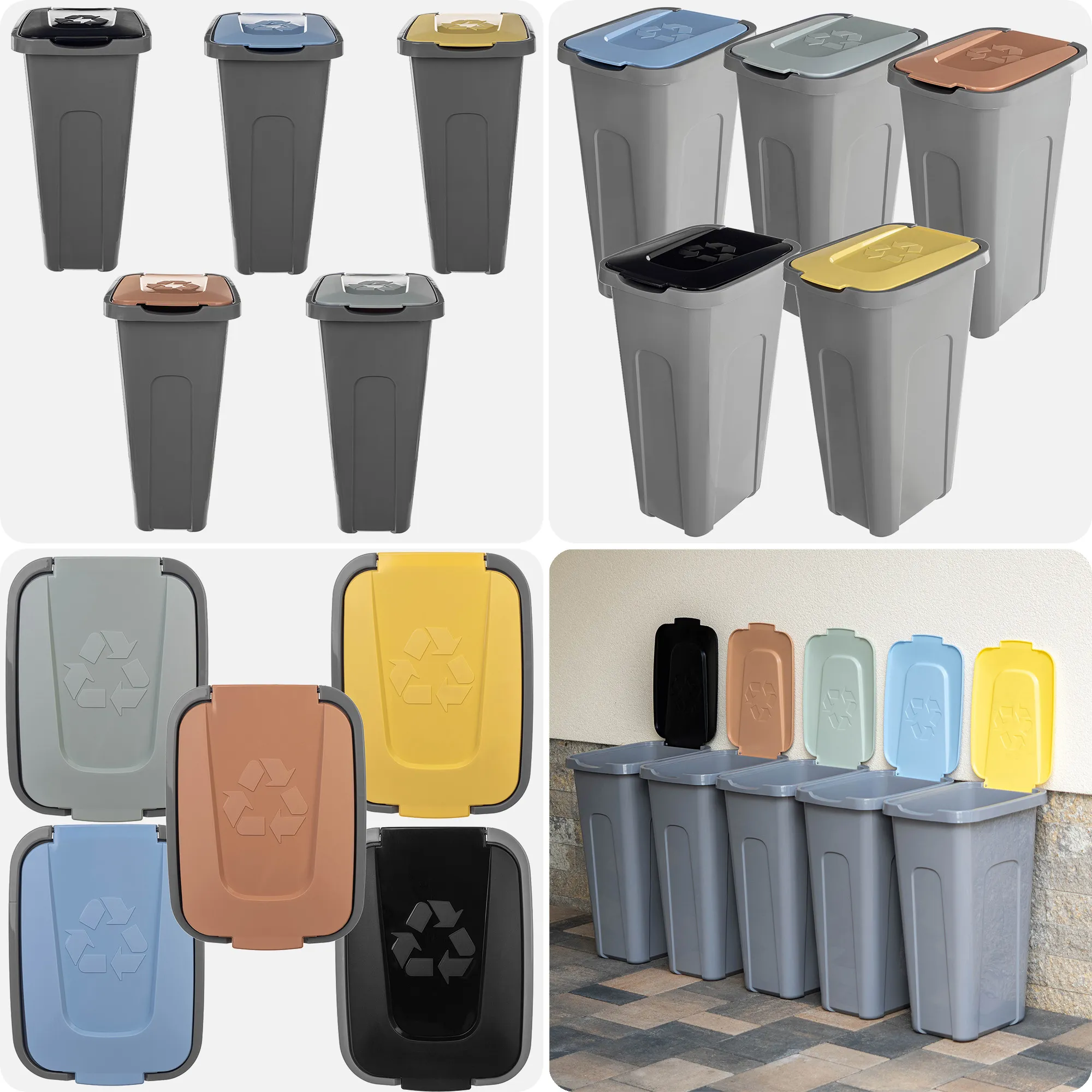 30 litrų šiukšliadėžių rinkinys geltonos, žalios, rudos, mėlynos, juodos spalvos