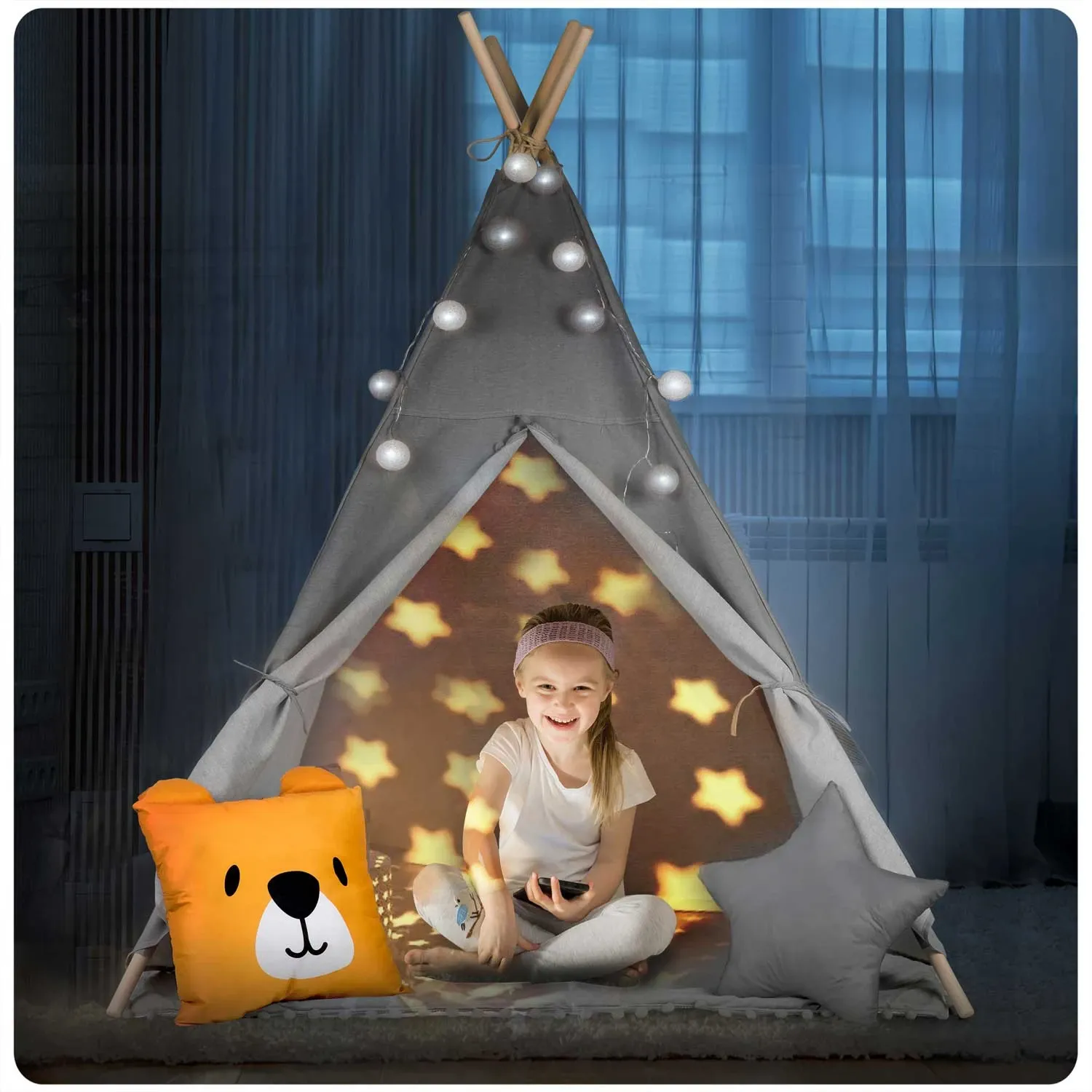 Vaikiška tipi palapinė su girlianda ir lemputėmis - pilka - nuotrauka 1