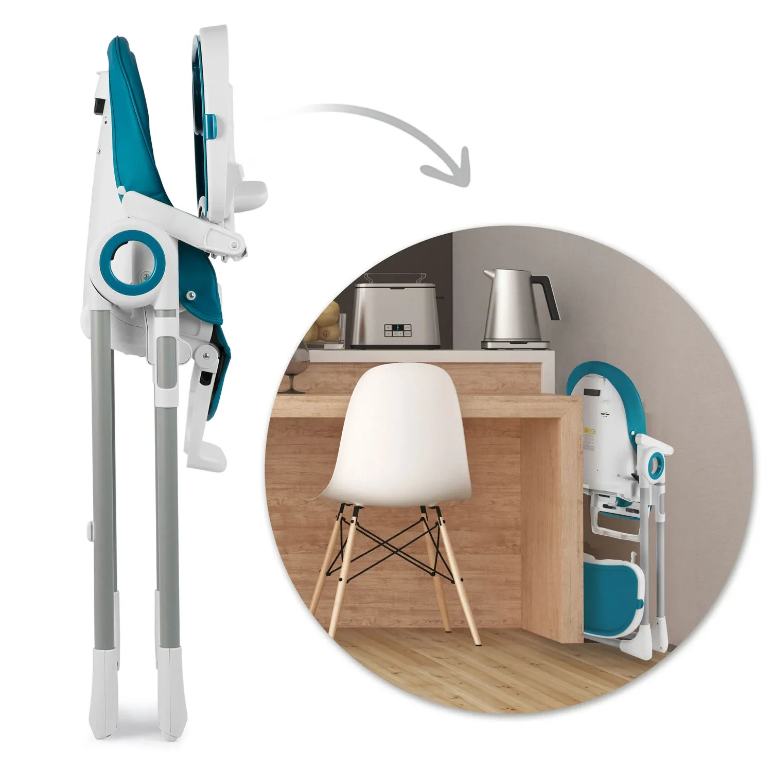 Belo maitinimo kėdutė su staliuku, batutu, tamsiai mėlyna + žaislų laikiklis - nuotrauka 1