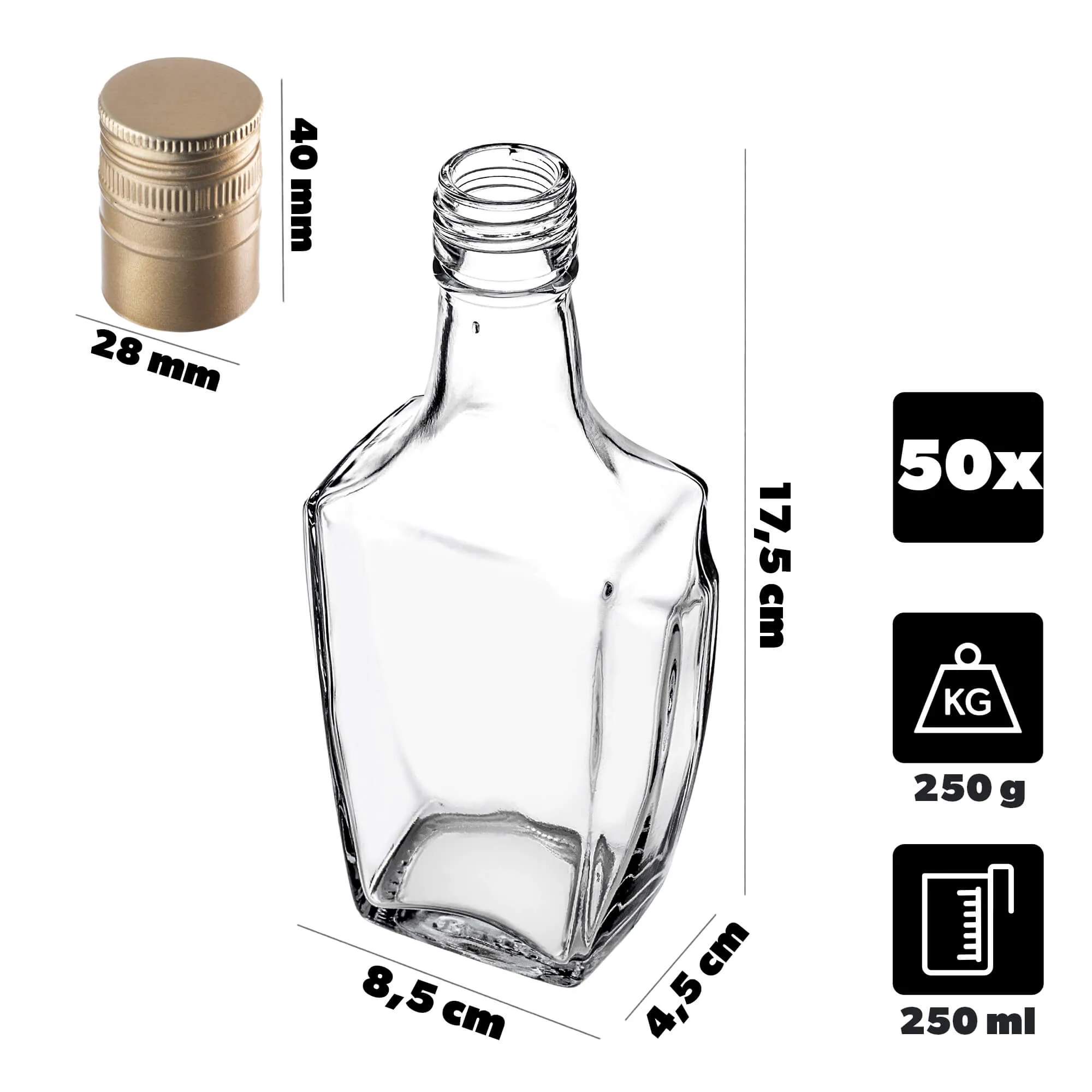 Faenza stiklinis tinktūros buteliukas 250 ml su ilgu auksiniu dangteliu, 50 vnt.