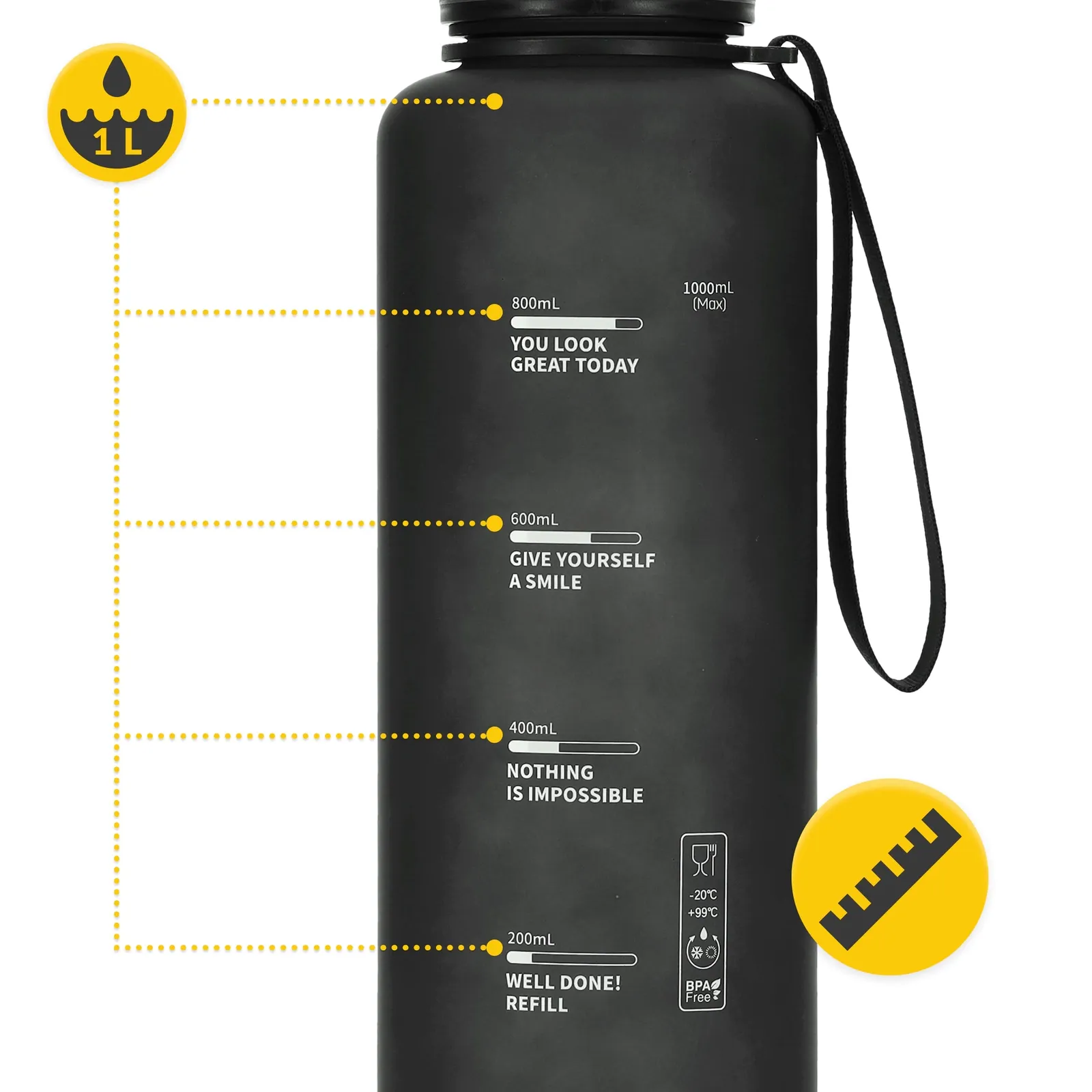 1 l juodas sportinis vandens butelis